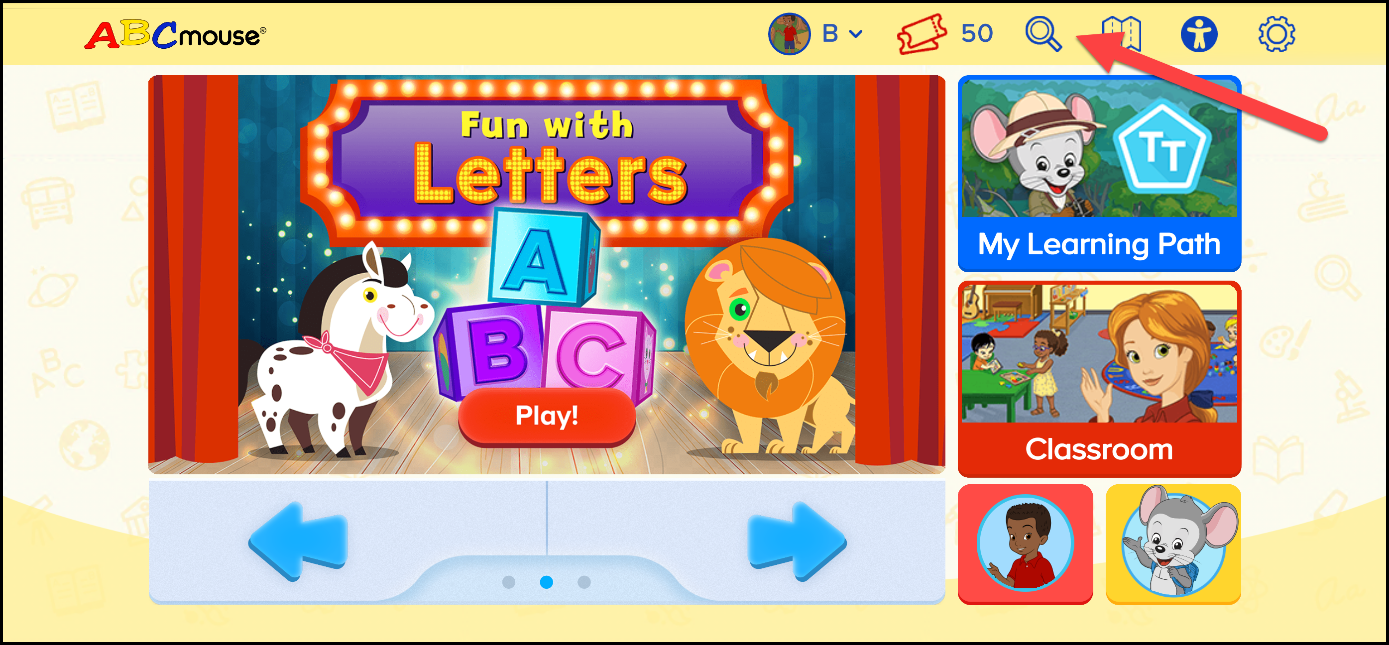 ABCmouse Classic Pointing to the Search icon on the student homepage.png