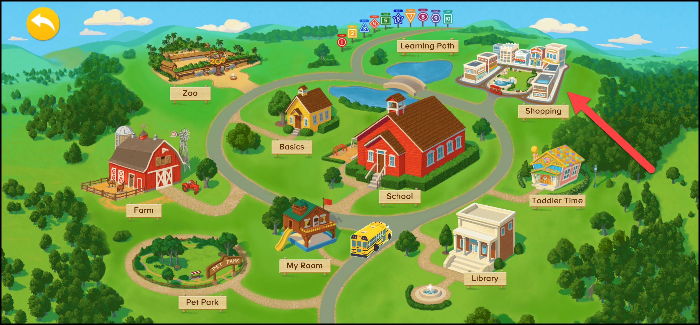 ABCmouse Classic Señalando la sección Compras en el área Mapa.png