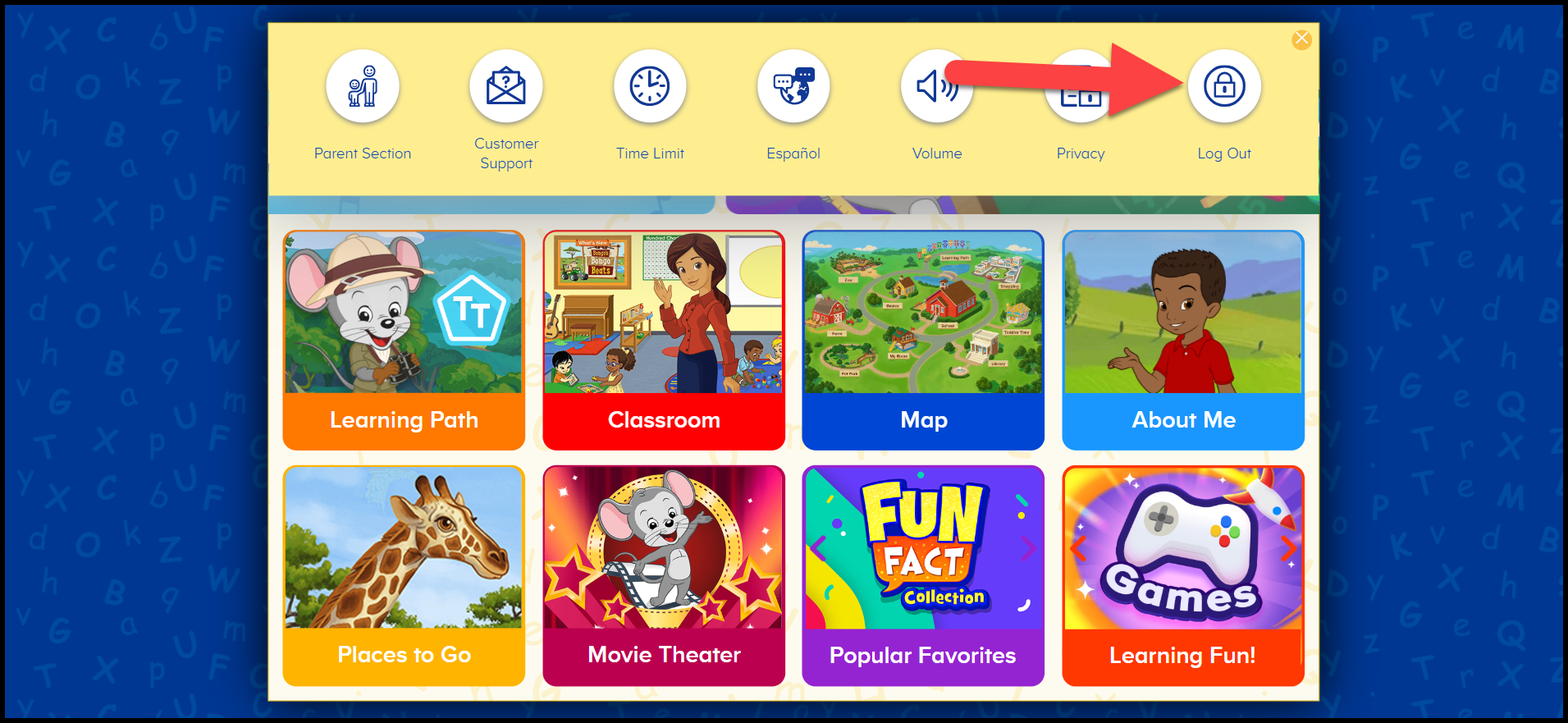 ABCmouse Classic pointing to the log out icon on website.png