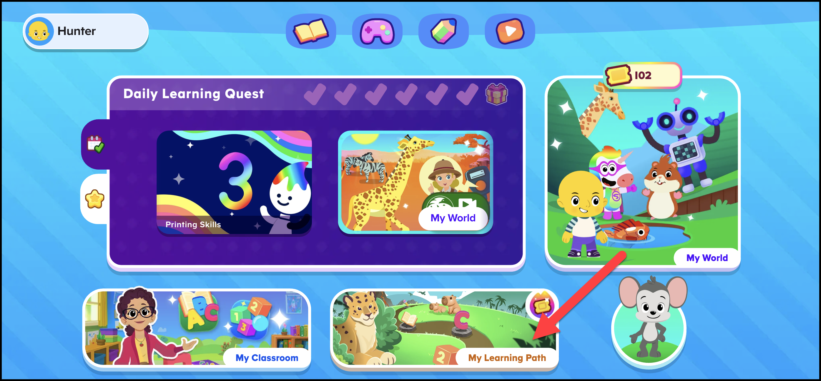 English (American) ABCmouse v1.56.0 pointing to the My Learning Path section on Student Homepage (Premium User).png