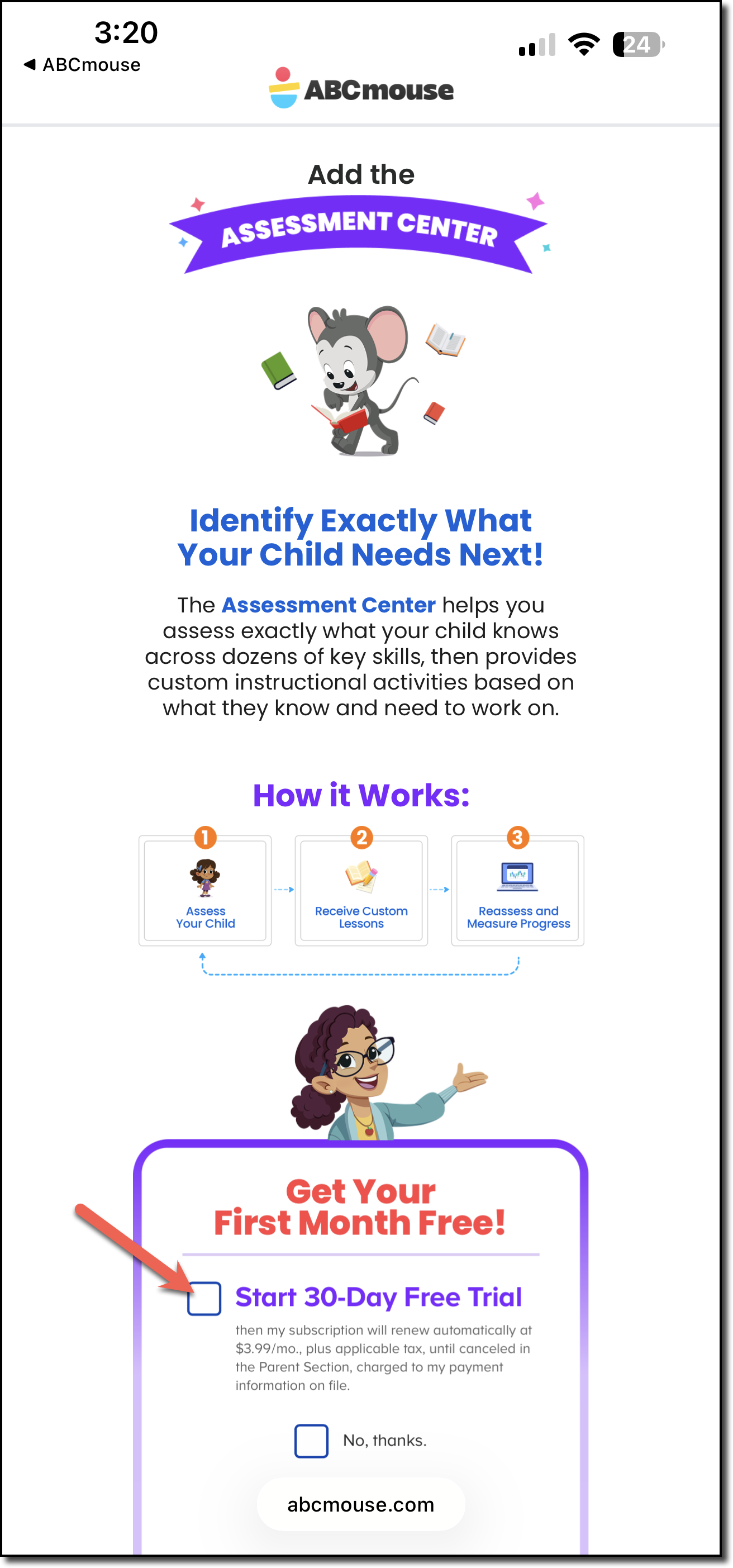 Assessment Center Monthly Offer sign-up screen.png