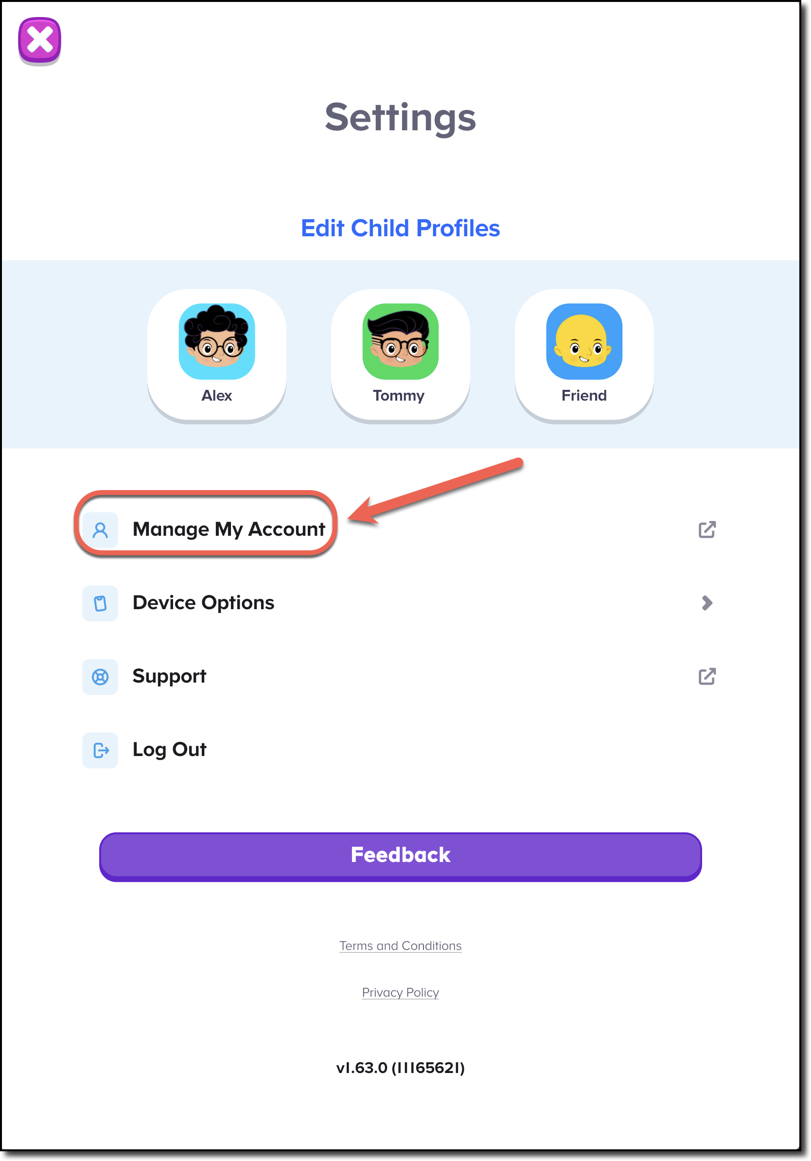 ABCmouse Settings in App - Manage My Account arrow.png
