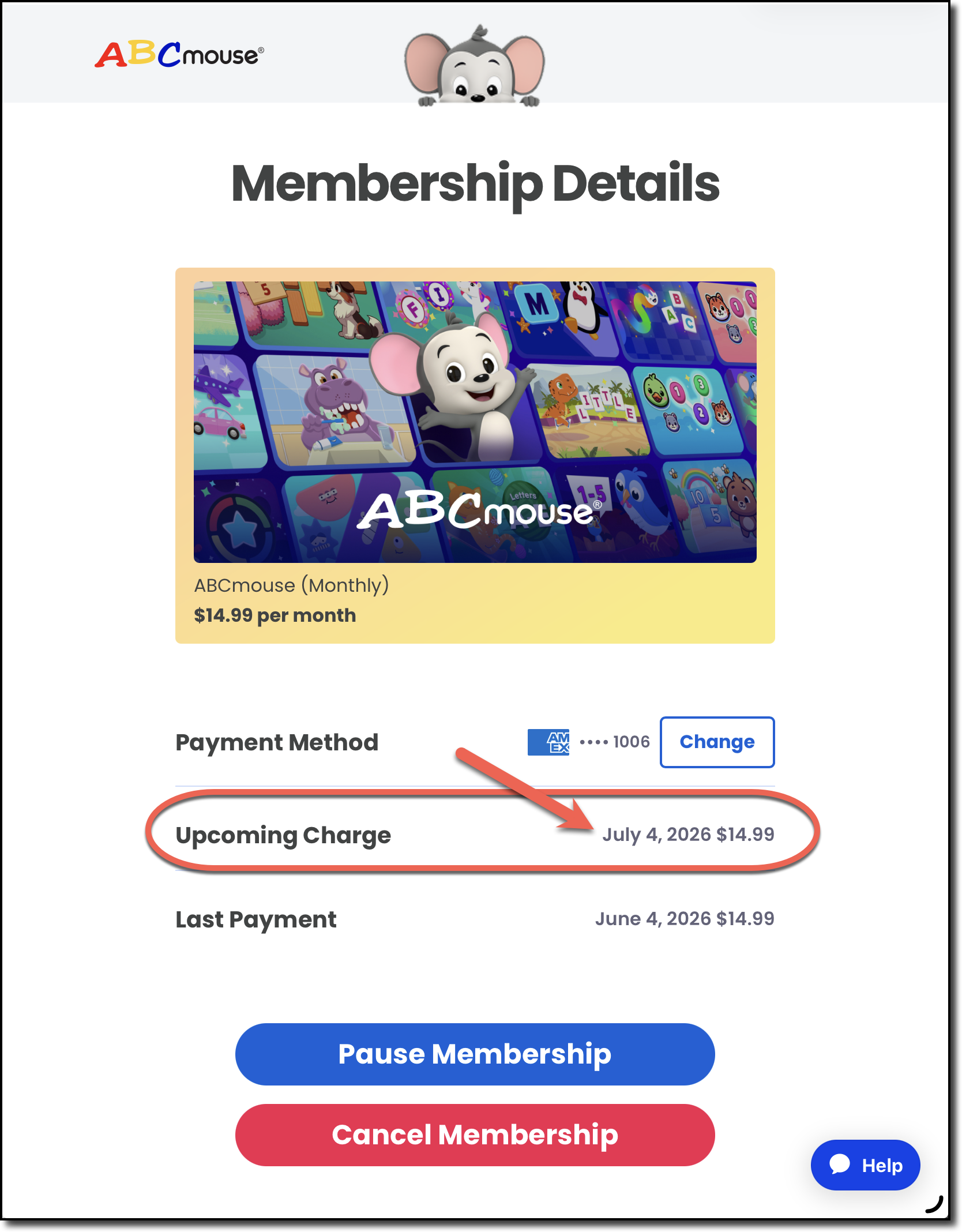 ABCmouse  Membership Details - Next Billing Date Upcoming Charge arrow.png