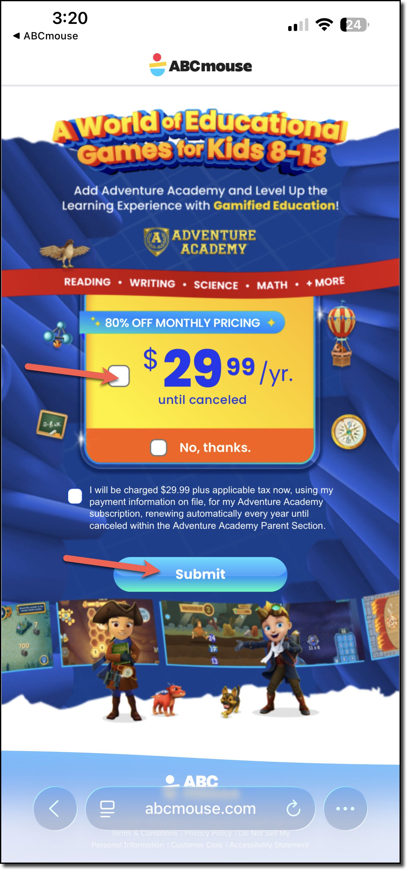 Pantalla de oferta de la Academia de Aventura en ABCmouse signup.png