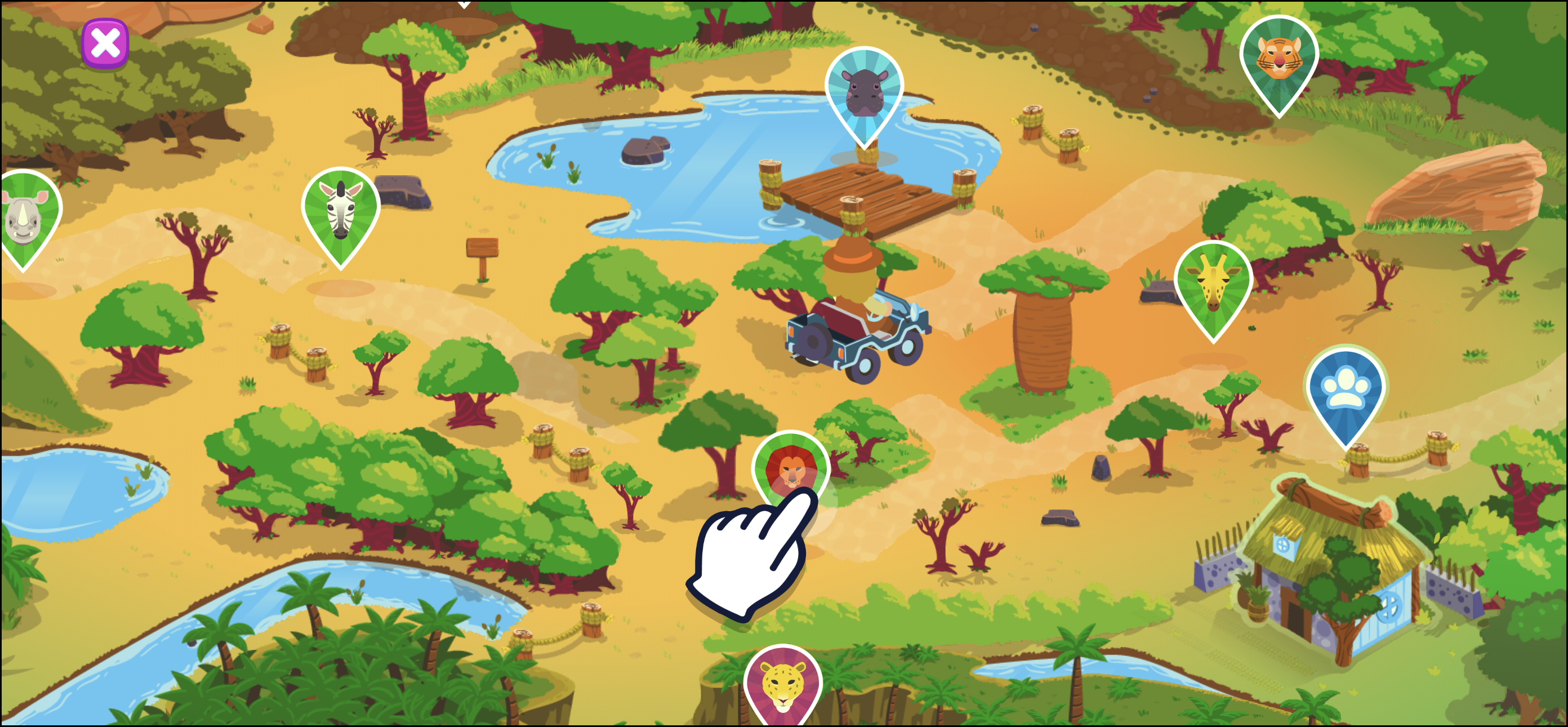 Zona de safari con ayuda de mano señalando a los leones.png