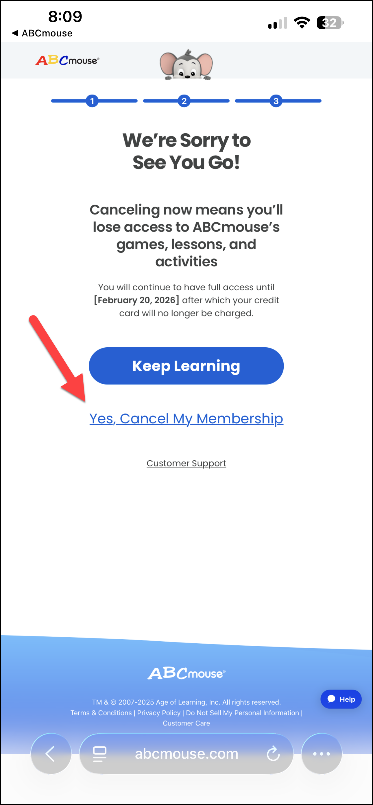 ABCmouse 2 Ruta de cancelación que apunta a Sí, Cancelar mi membresía.png