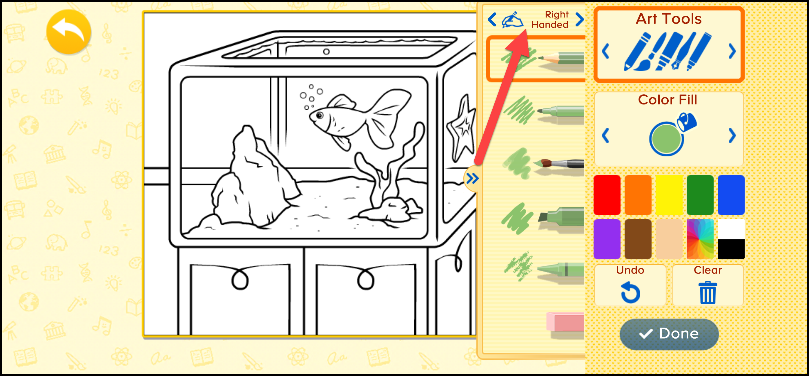 ABCmouse Classic señalando a la derecha en la actividad de colorear.png