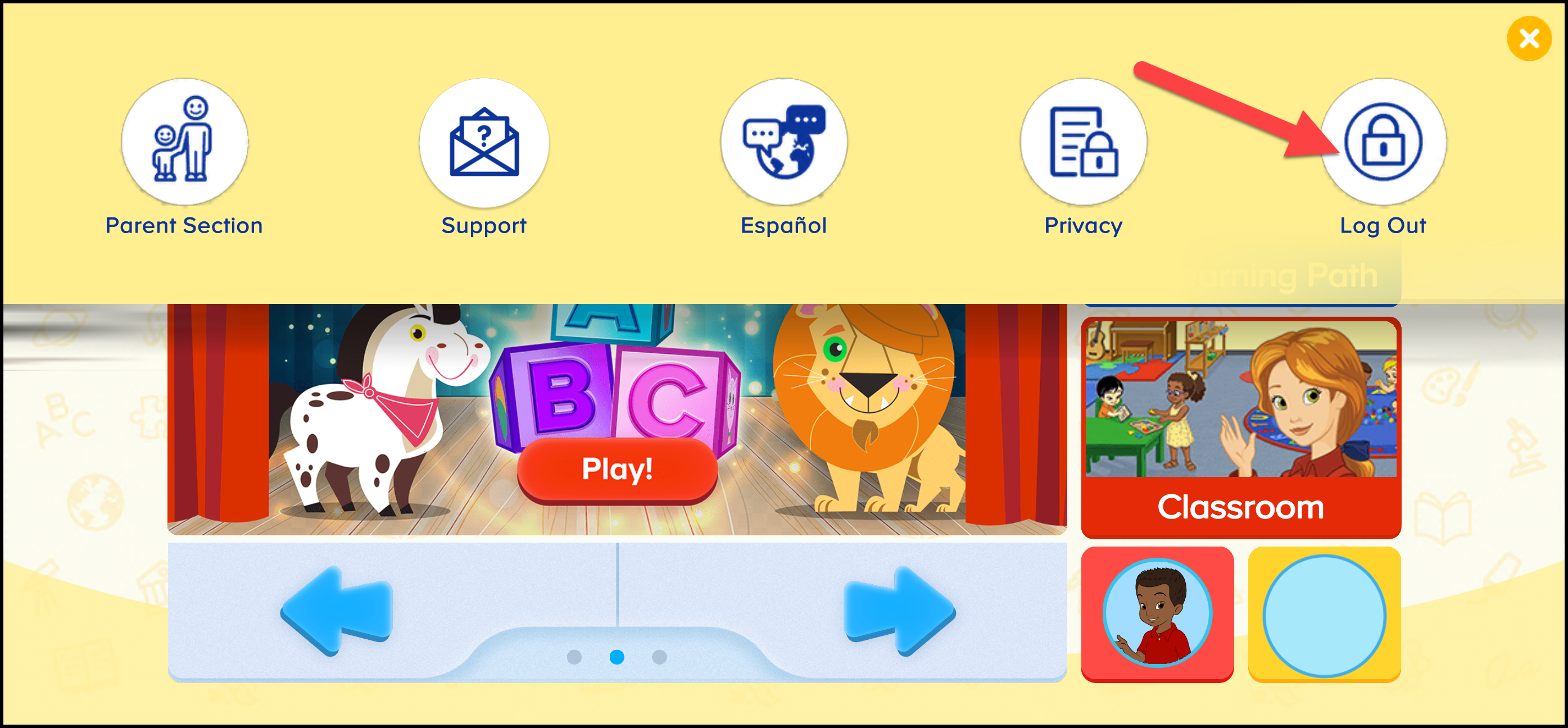 ABCmouse Classic apuntando al icono de cierre de sesión.png