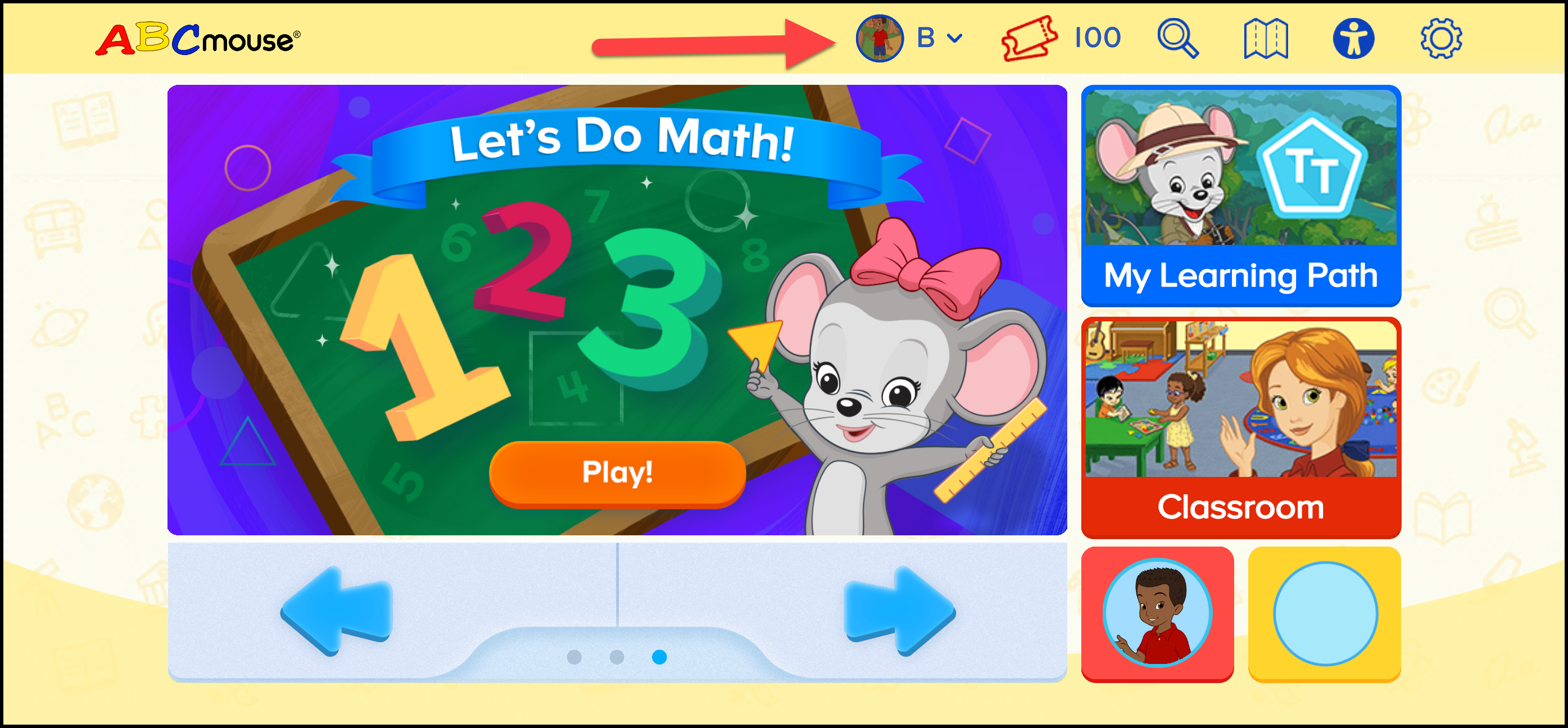 ABCmouse Classic apuntando al icono del perfil del avatar en la página principal del estudiante.png