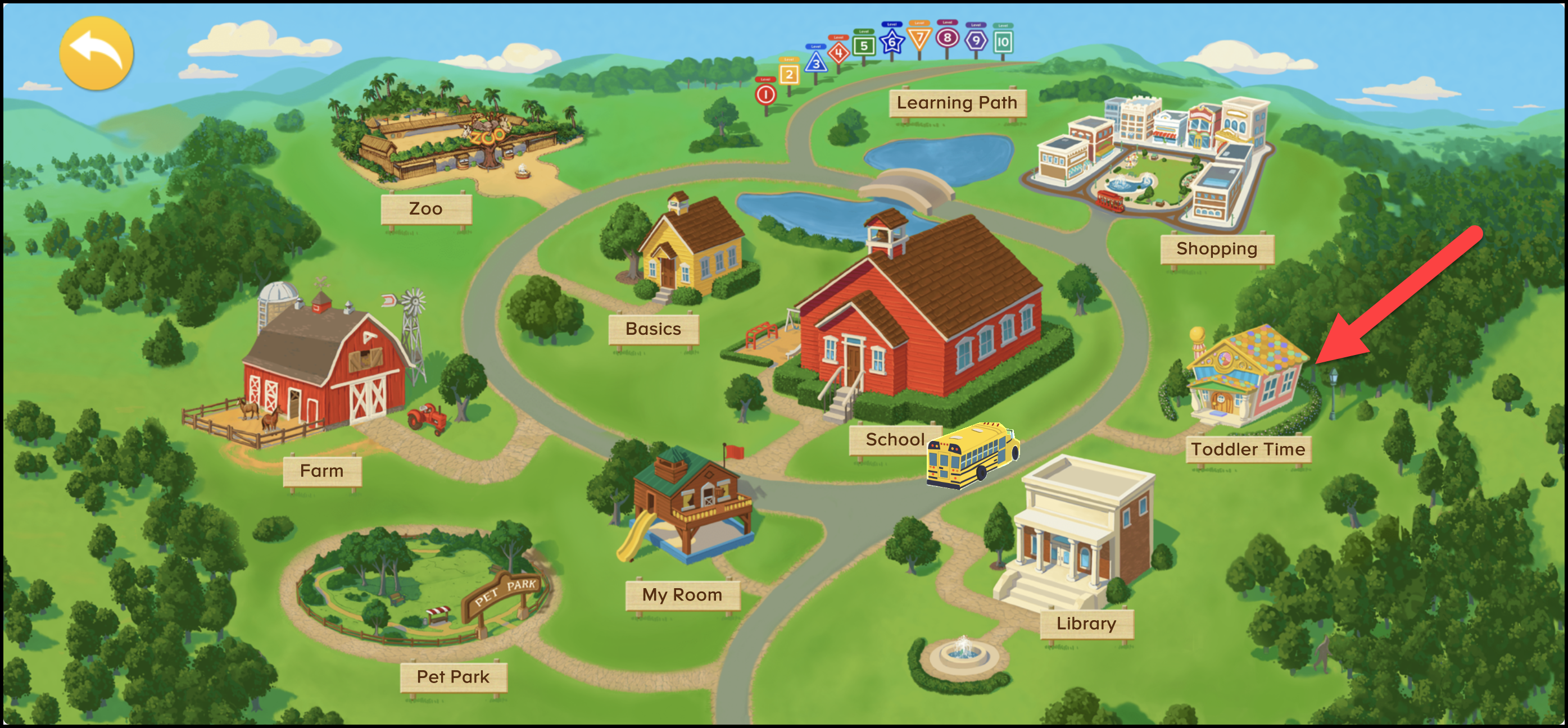 ABCmouse Classic apuntando a la sección Hora del niño dentro del área Mapa.png