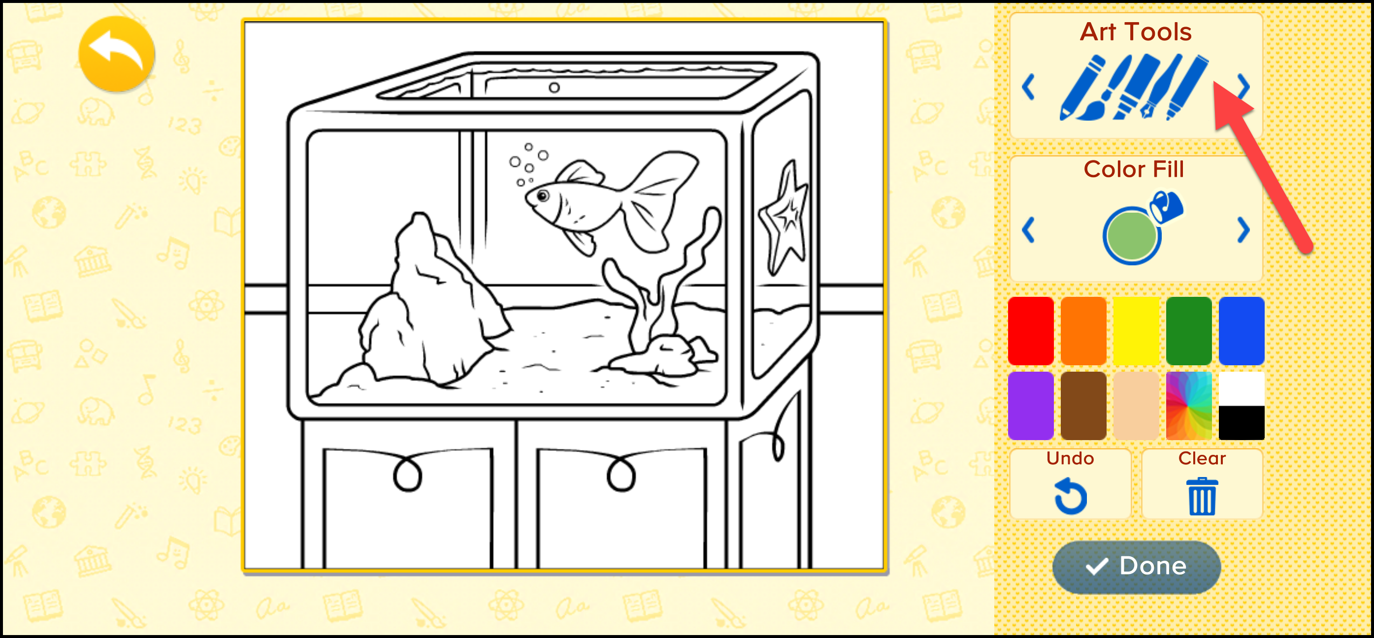 ABCmouse Classic Señalando las herramientas de arte en la actividad de color.png