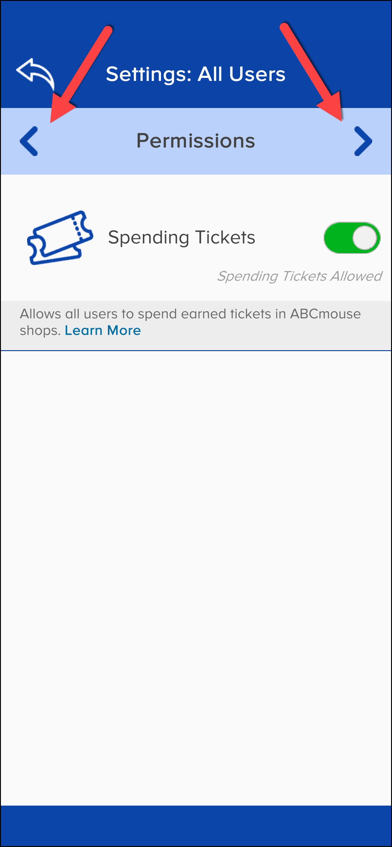 ABCmouse Classic Settings Todos los usuarios señalan las flechas laterales en la página Permisos.png
