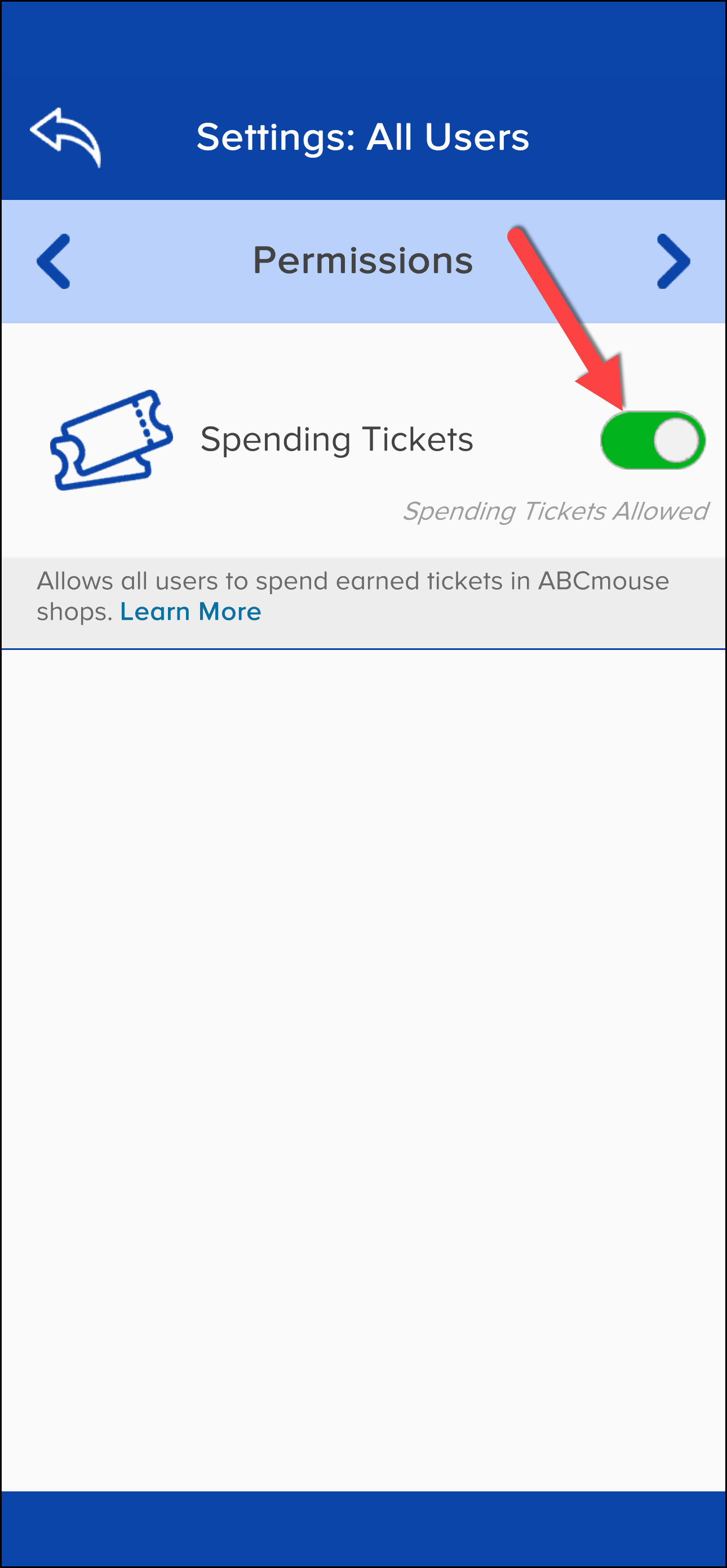 ABCmouse Classic Settings Todos los usuarios que señalan el interruptor verde de conmutación de tickets de gasto en Permisos page.png