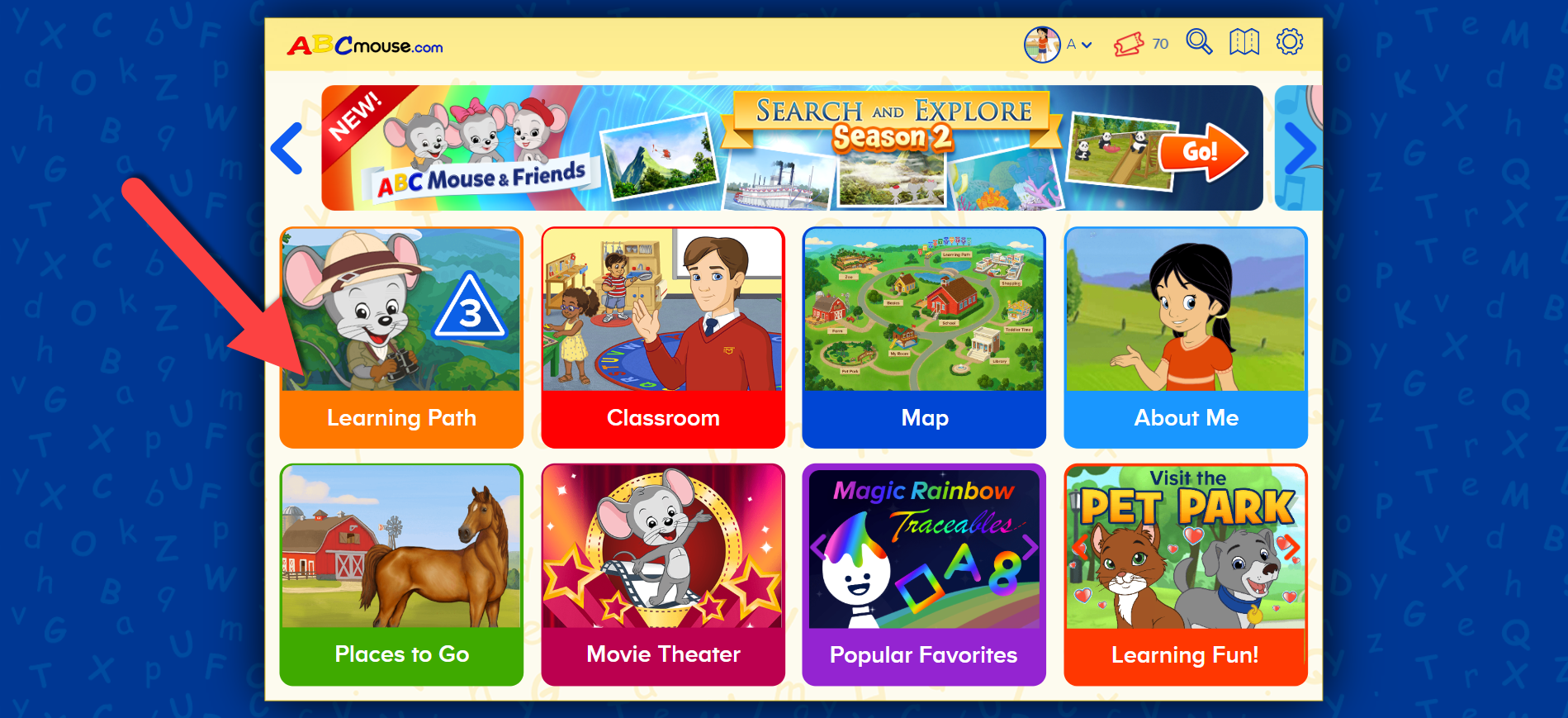ABCmouse Classic Student Homepage señalando la ruta de aprendizaje en el sitio web.png