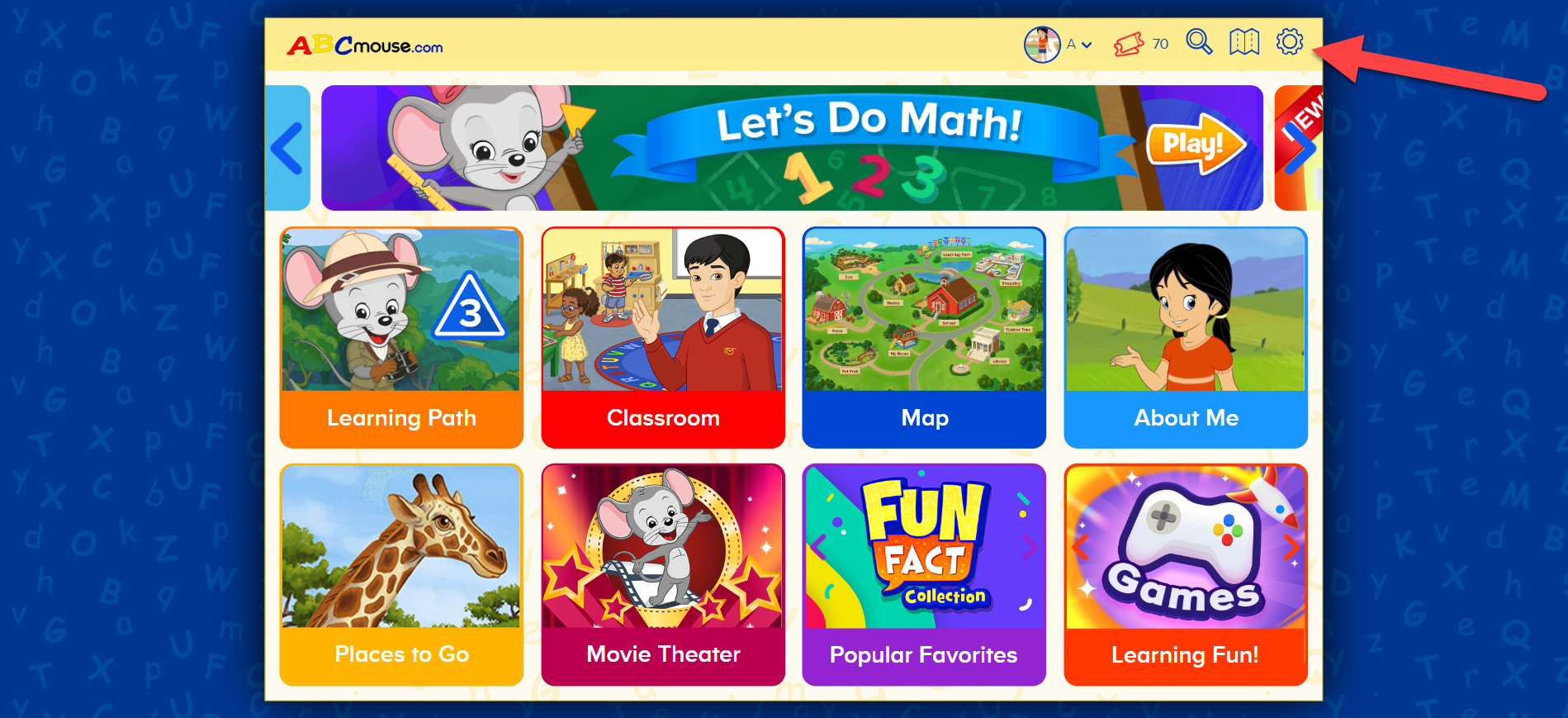 ABCmouse Classic Student Homepage apuntando al icono del engranaje layout.png