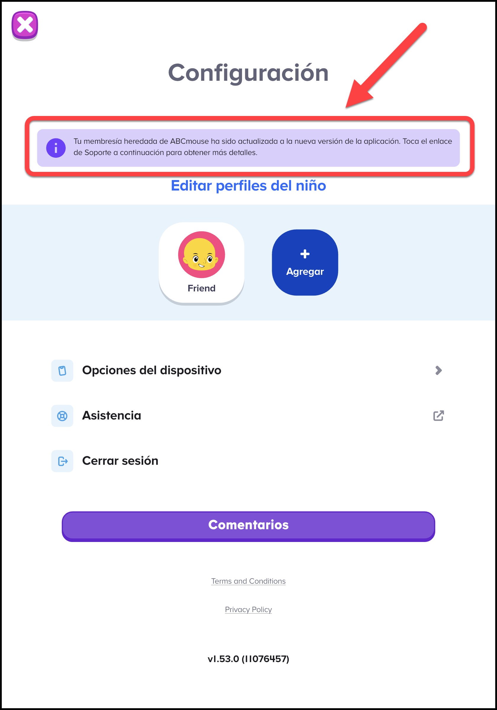 Espanol ABCmouse 2 v1.53.0 pointing to the legacy message within the settings page.png