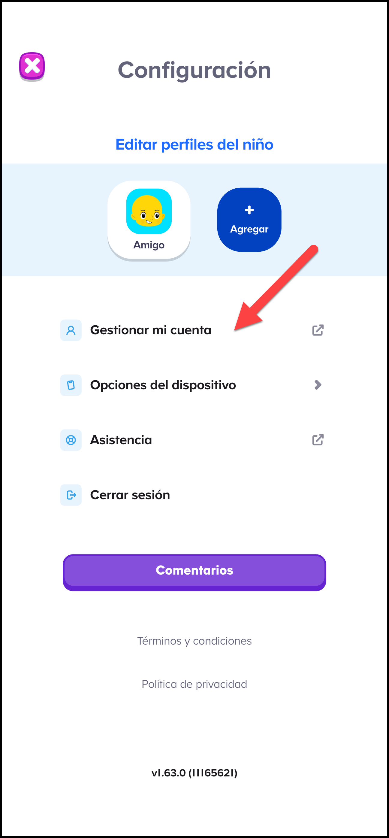 Espanol ABCmouse 2 v1.53.0 pointing to manage my account within the settings area.png