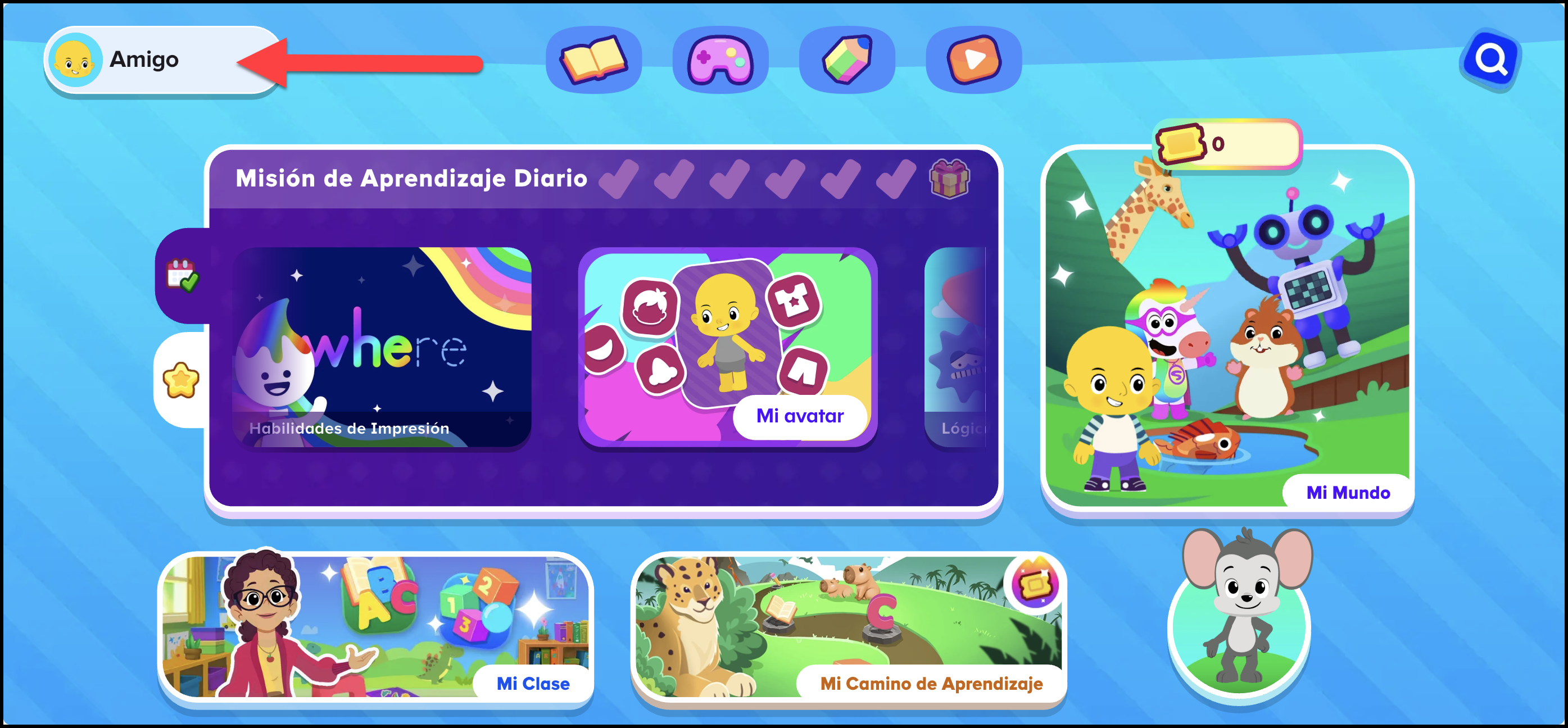 Espanol ABCmouse (Mexico) v1.63.0 student homepage pointing to the (Friend) profile button for premium user.png