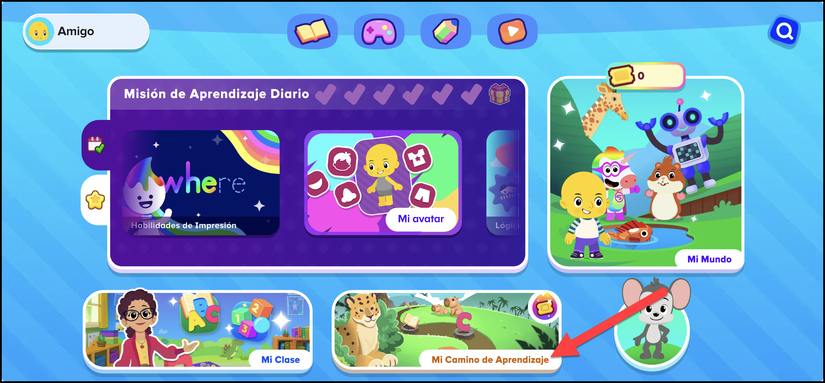 Espanol ABCmouse v1.56.0 pointing to the My Learning Path section on Student Homepage (Premium User).png