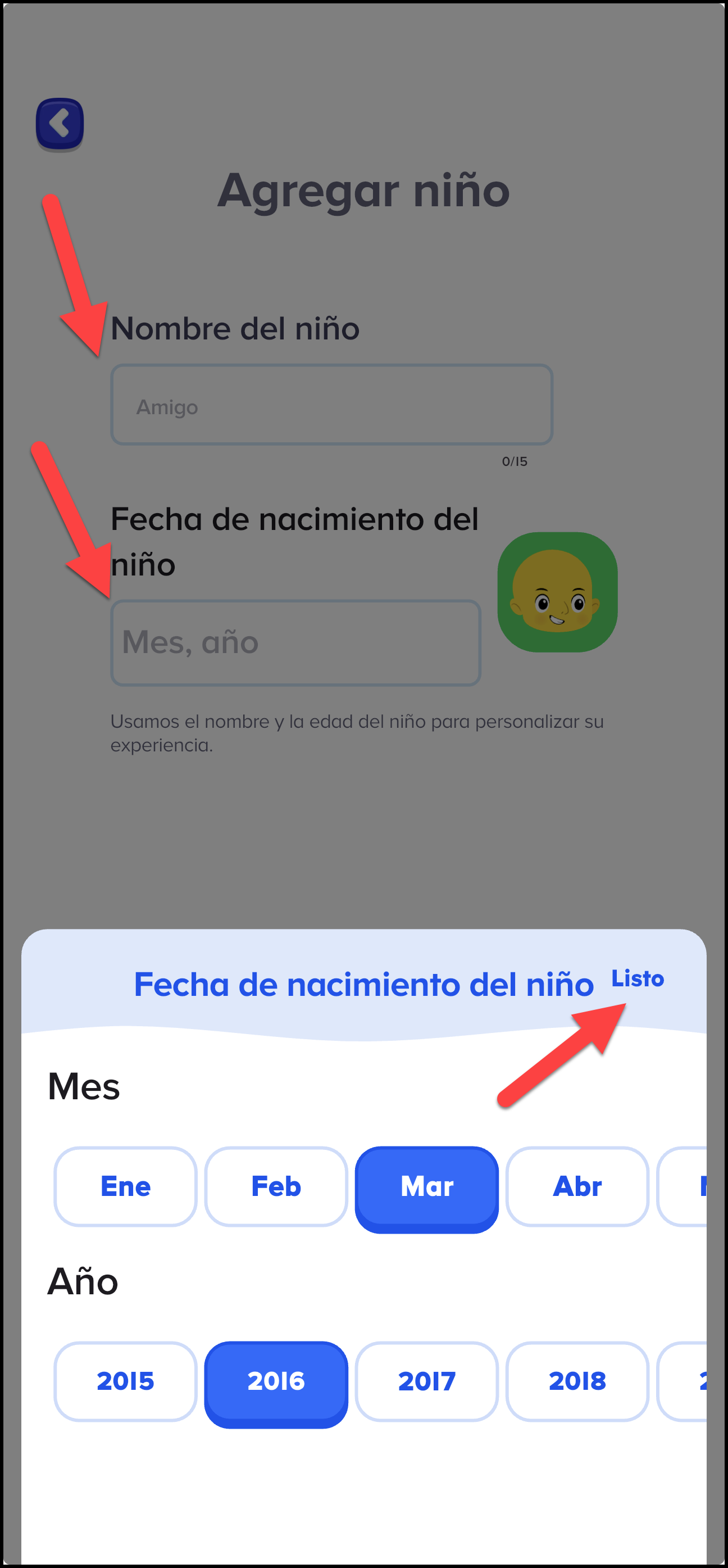 Espanol ABCmouse (Mexico) v1.63.0 pointing to blank fields labeled child's name, child's birthday and the done button in add child area.png