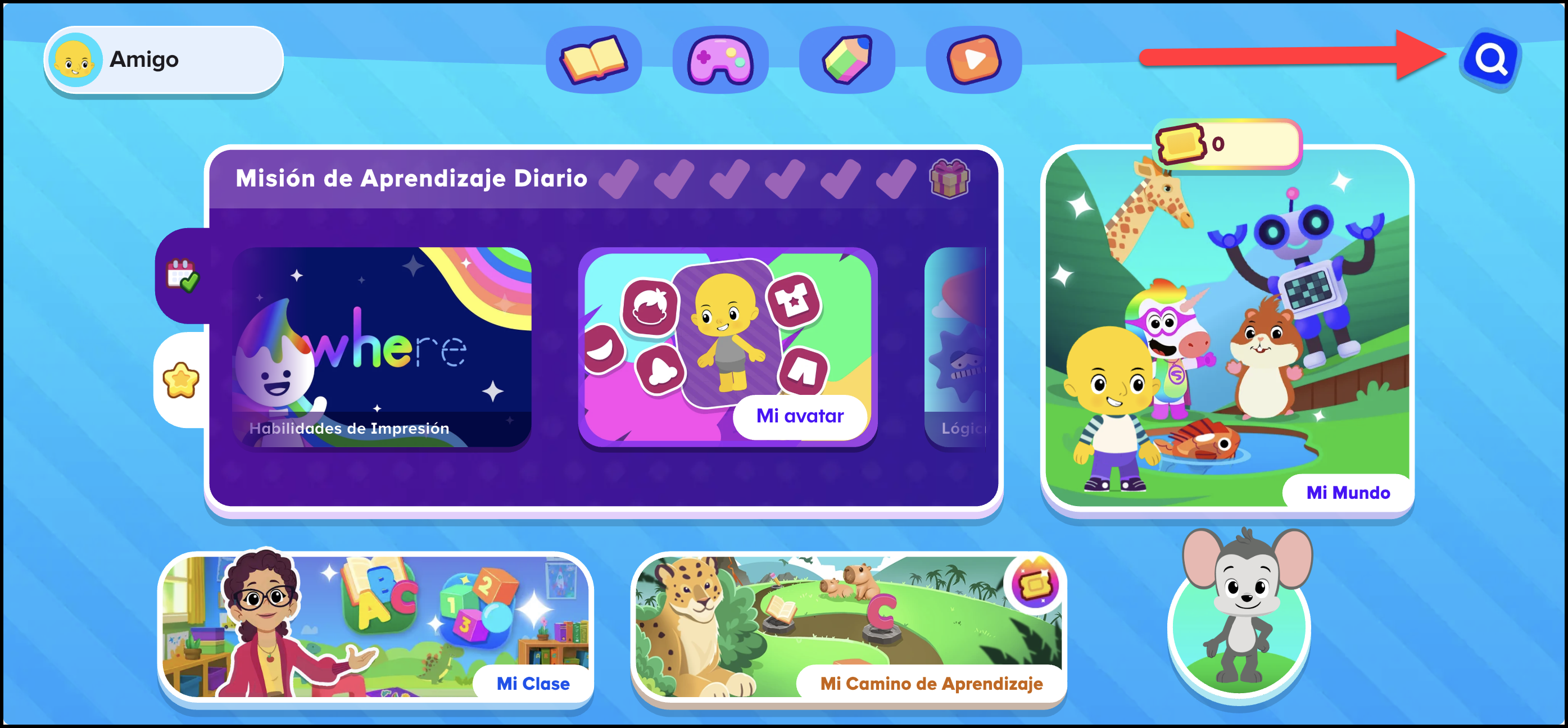 Espanol ABCmouse (Mexico) v1.63.0 pointing to search icon on the student homepage.png