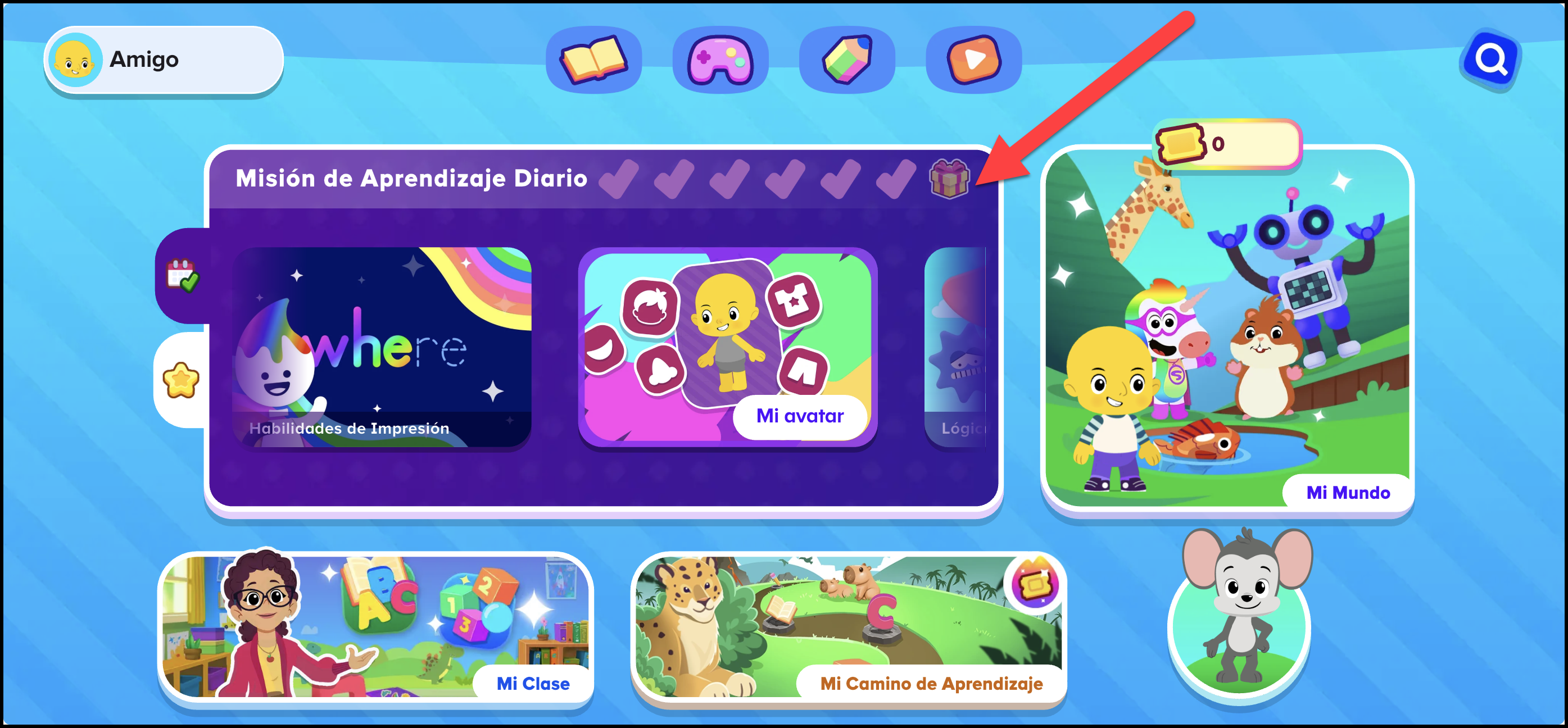 Espanol ABCmouse (Mexico) v1.63.0 pointing to daily learning quest on the student homepage.png