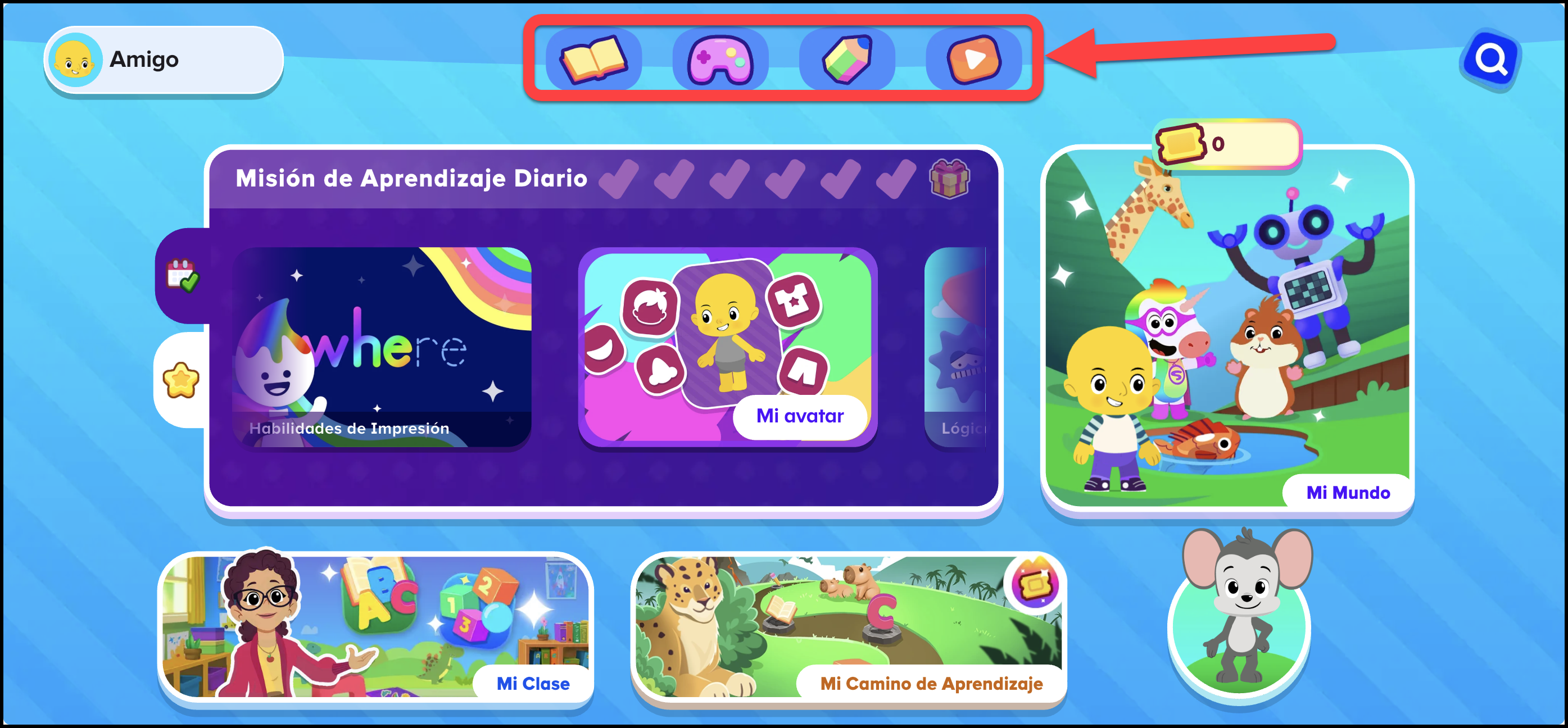 Espanol (Mexico) Pointing to top icons in the Student Homepage for premium members.png