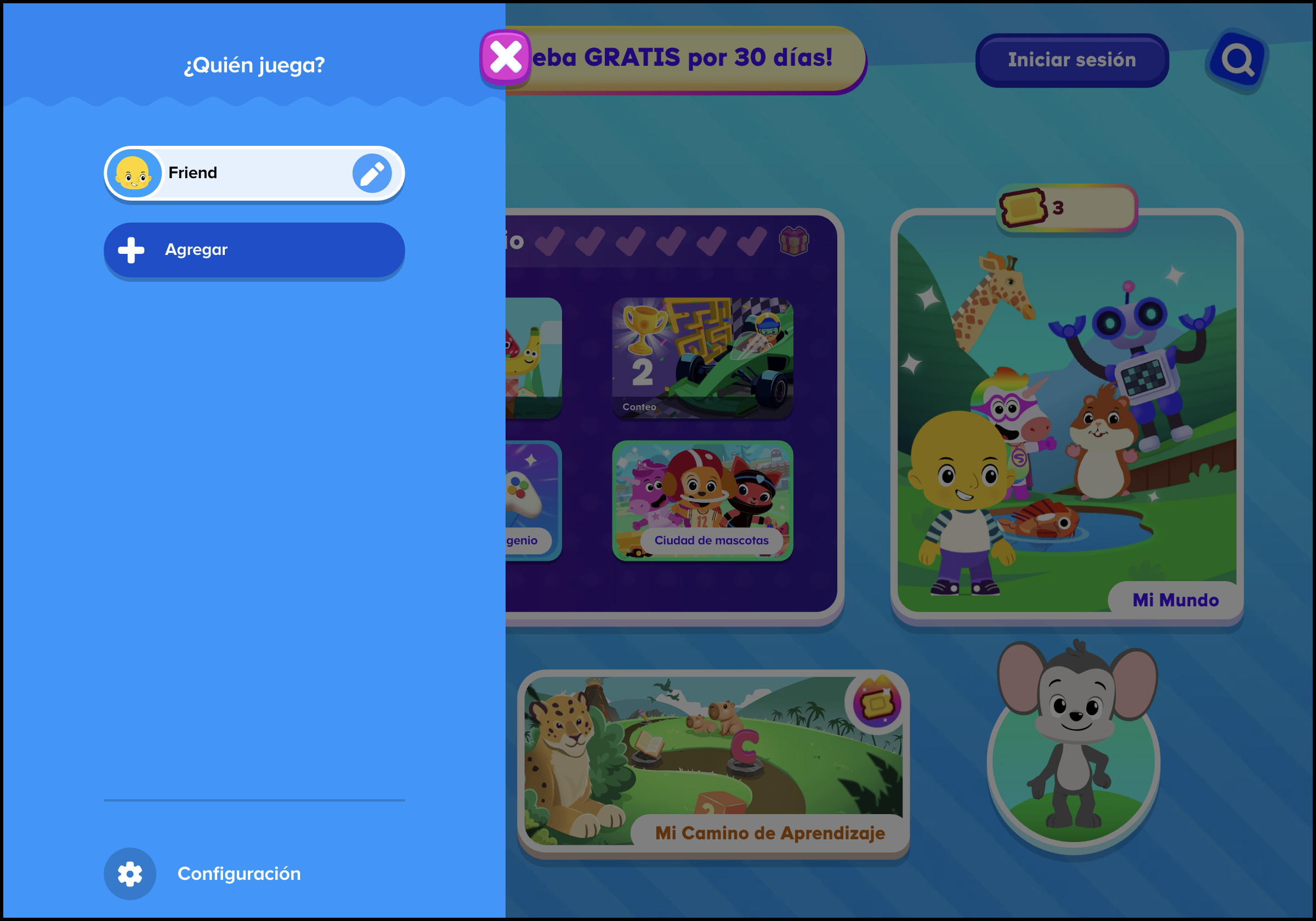 Espanol (Mexico) ABCmouse v1.63.0 pointing to the settings icon on whos playing side menu for basic user experience.png