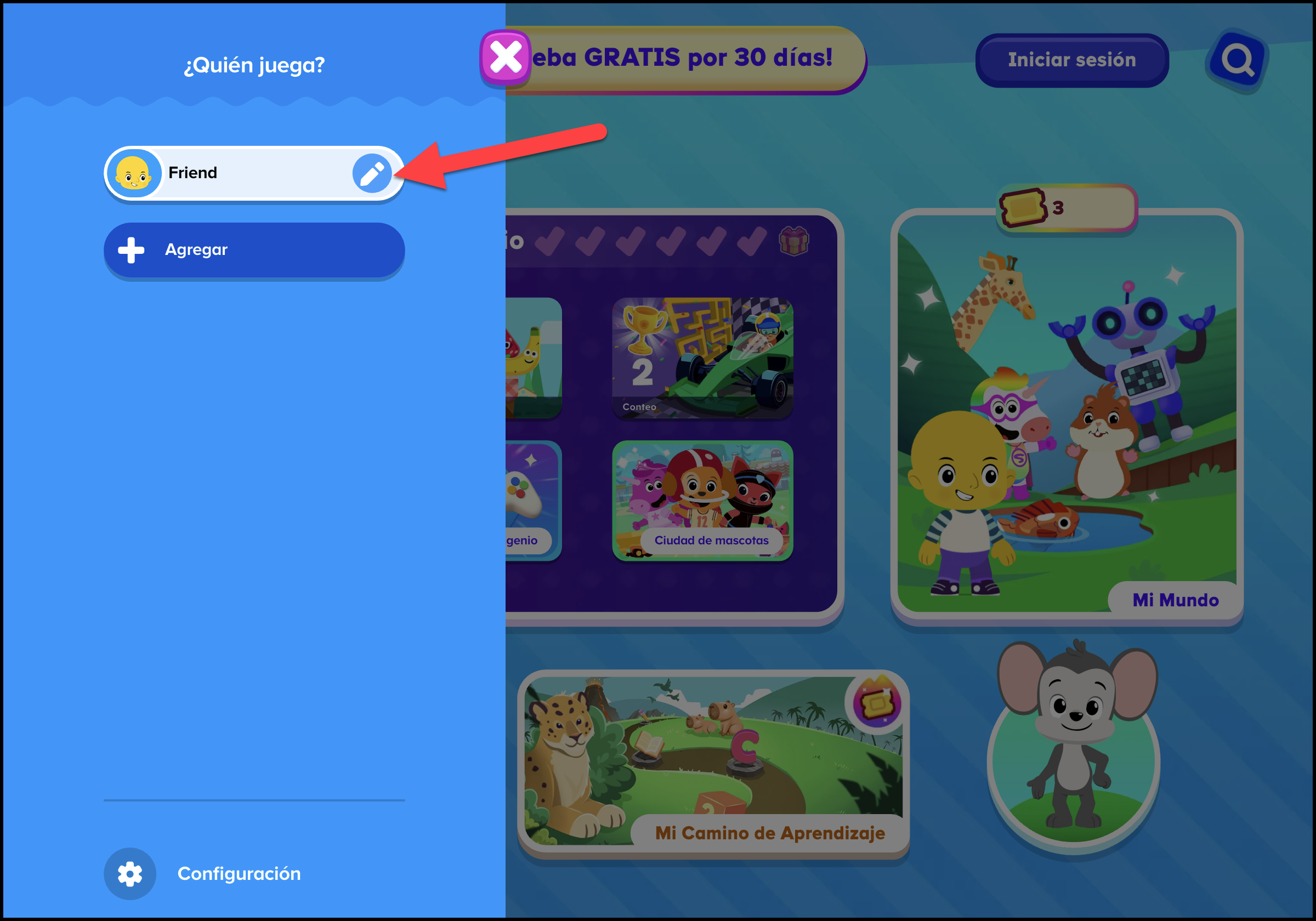 Espanol (Mexico) ABCmouse v1.63.0 pointing to the pencil icon on whos playing side menu for basic user experience.png