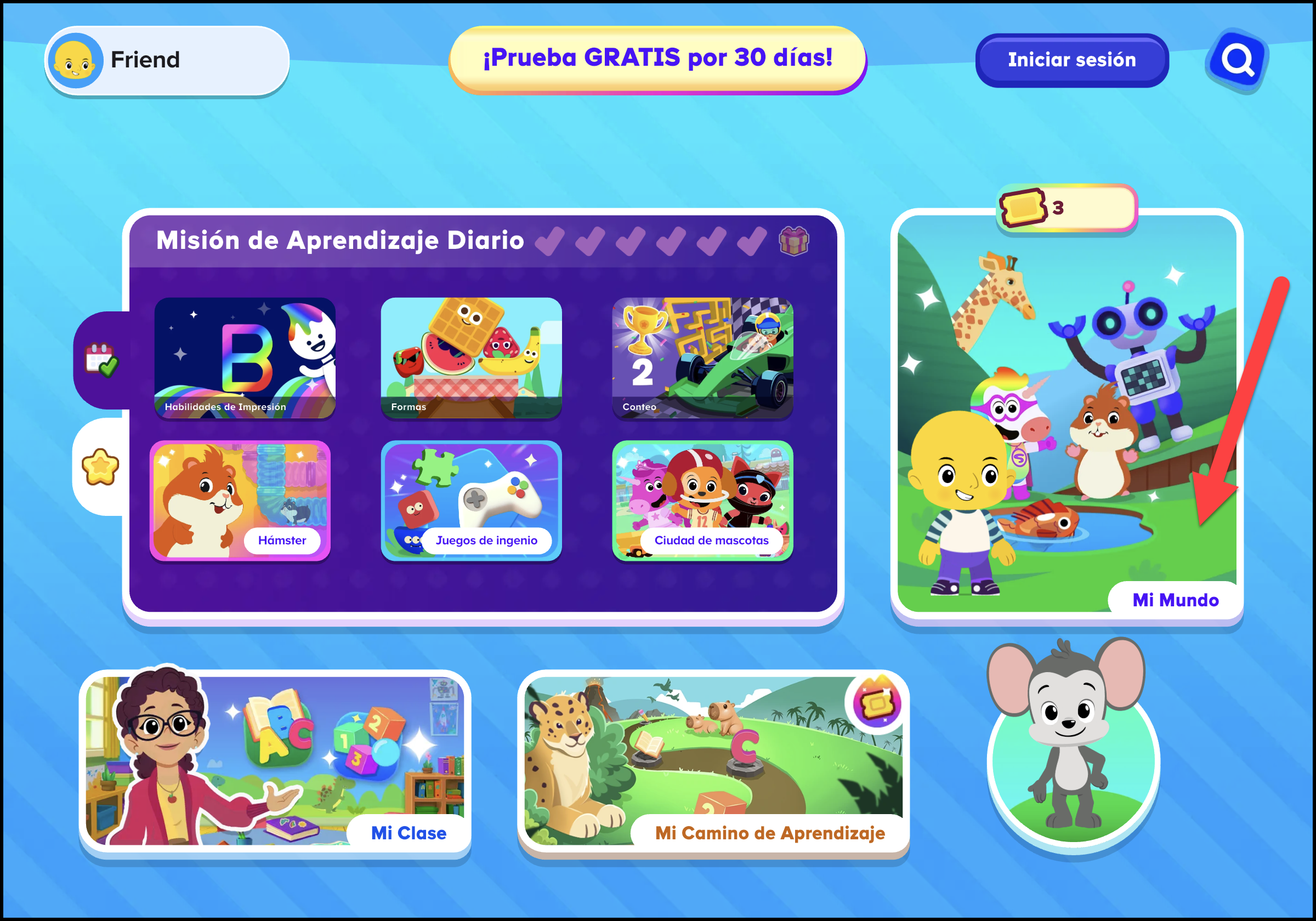 Espanol (Mexico) ABCmouse v1.63.0 pointing to my world on the student homepage for basic user experience.png