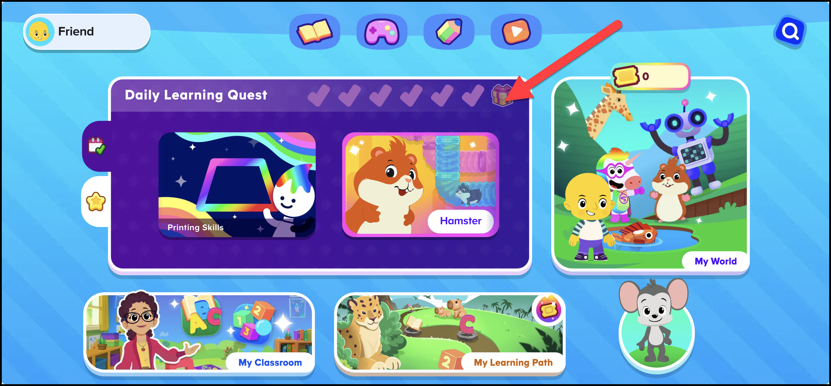 English (American) ABCmouse v1.63.0 pointing to daily learning quest in the student homepage.png