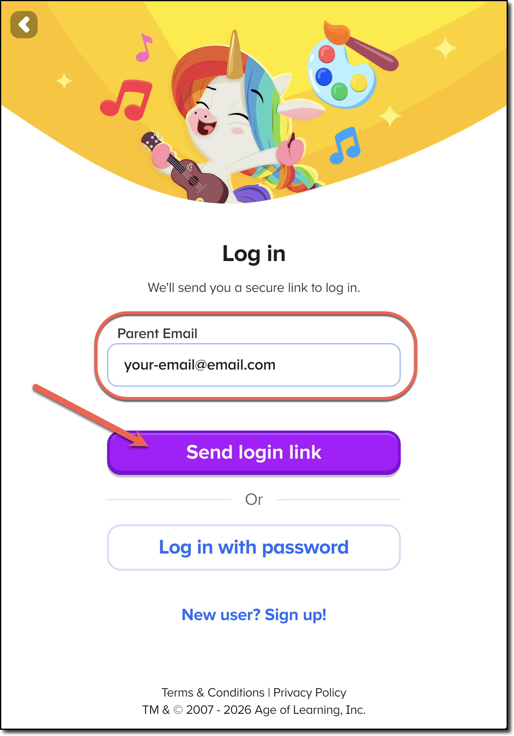 ABCmouse app login screen with Send login link button - arrow.png