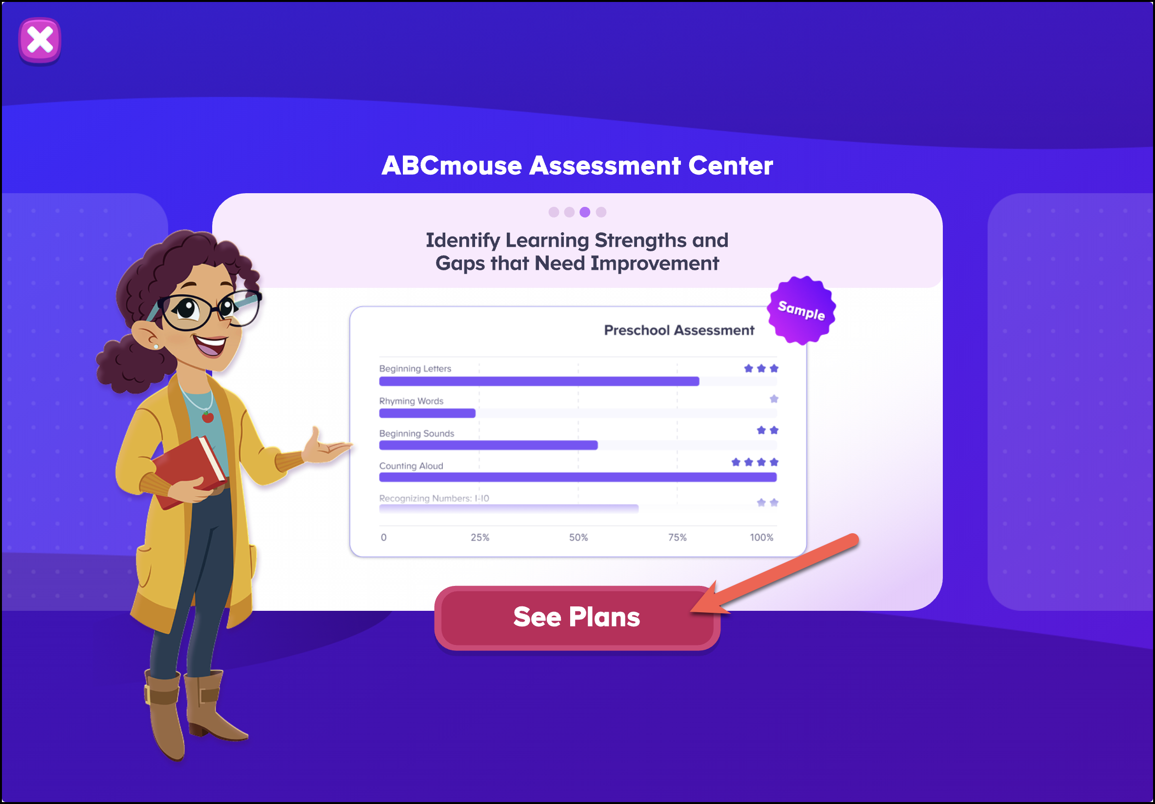 Assessment Center promo screen in ABCmouse - see plans arrow.png
