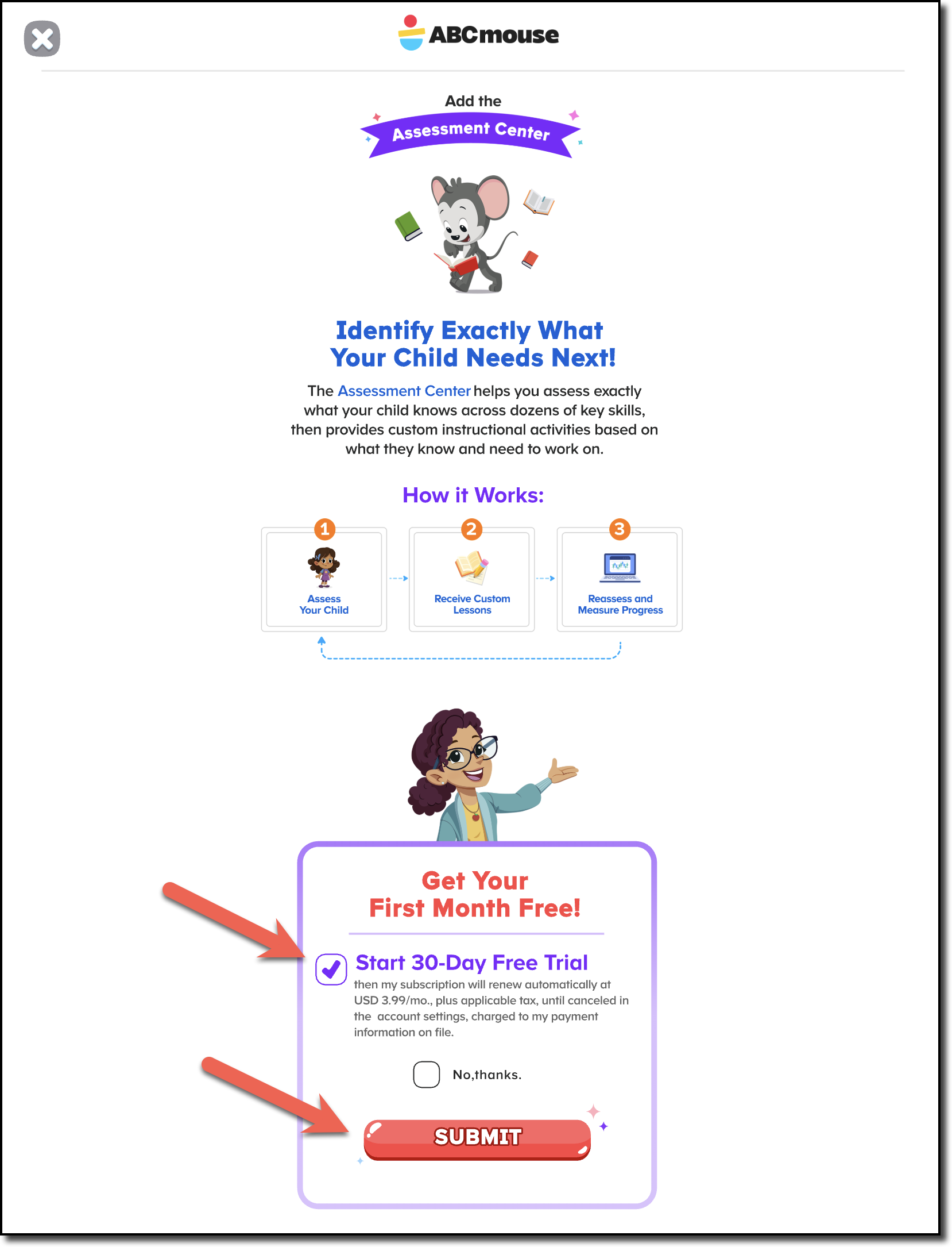 Add Assessment Center Offer Screen in ABCmouse - arrows to purchase.png