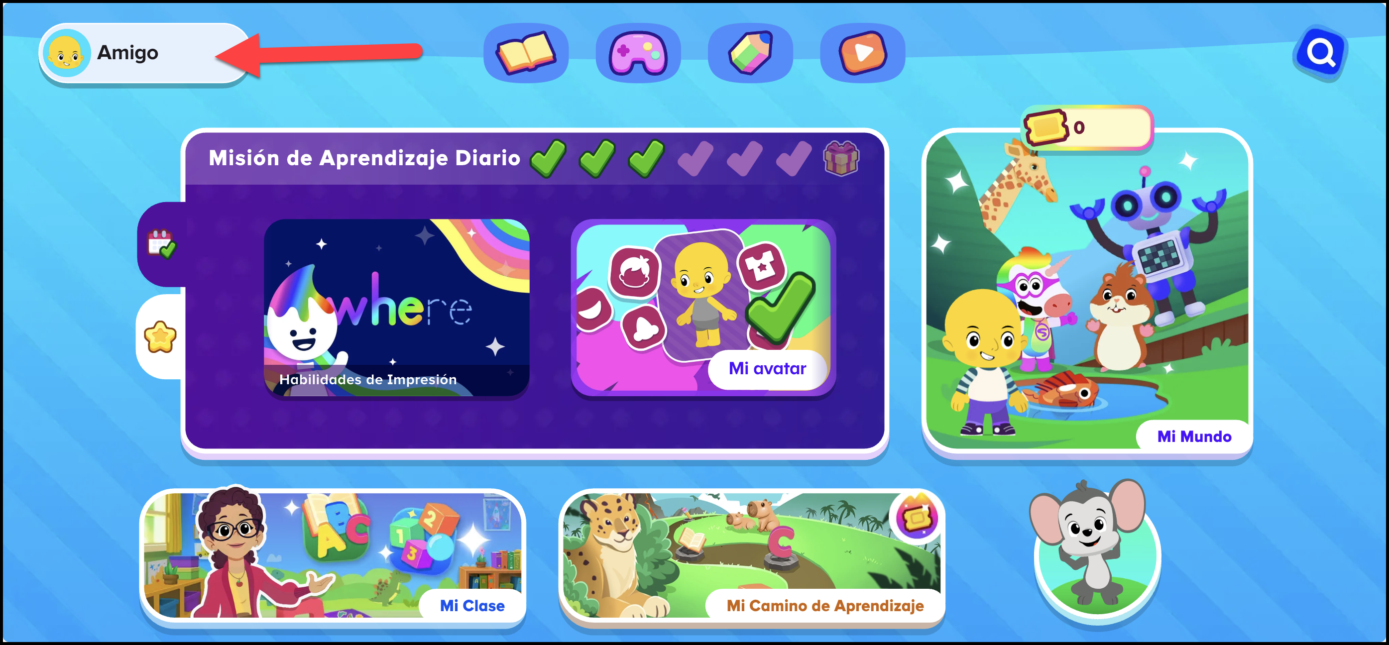 Espanol (Spanish) United States ABCmouse v1.63.0 Pointing to the avatar icon on the student homepage.png