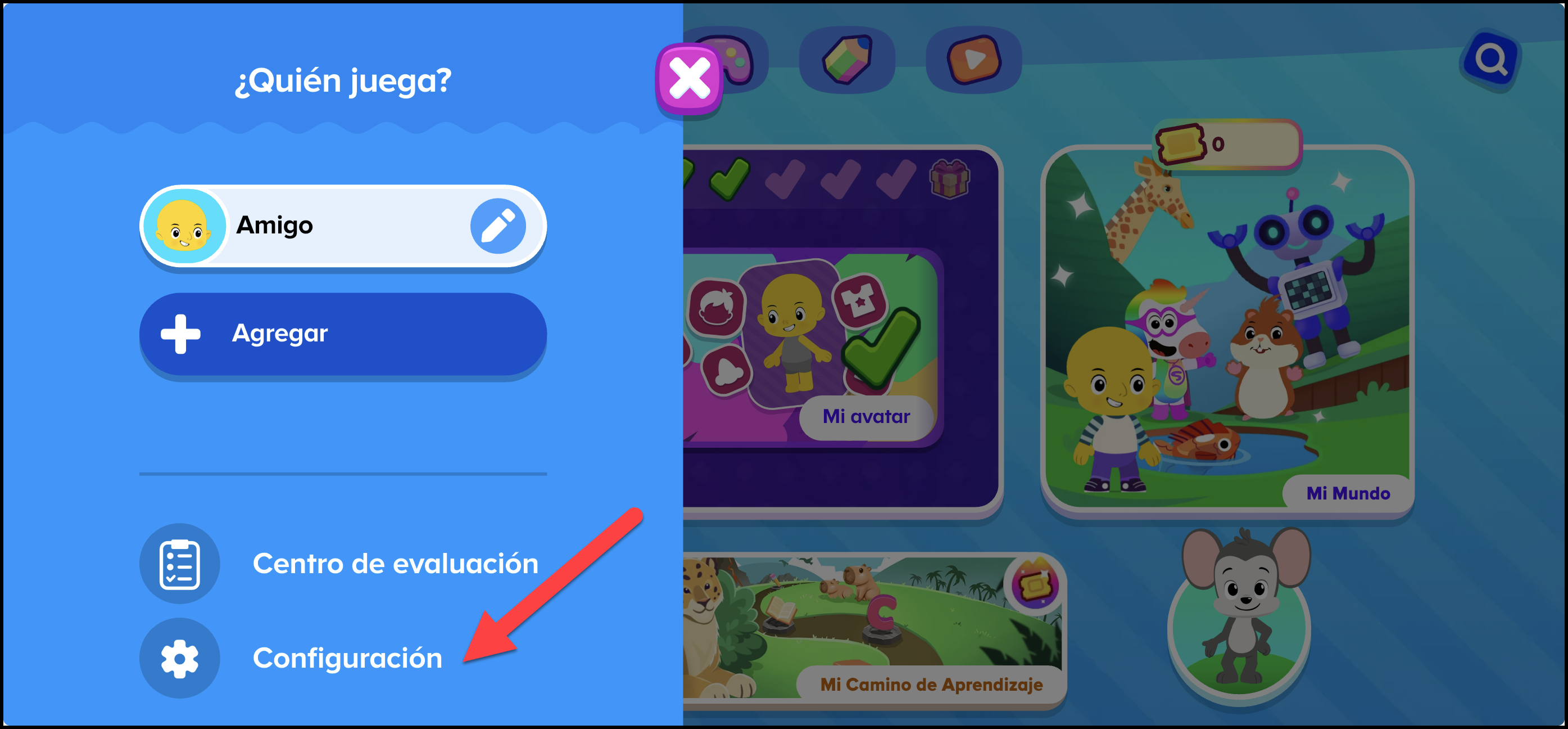 Espanol (Mexico) ABCmouse v1.63.0 pointing to the Settings below the Assessment Center in the Whos playing area.png