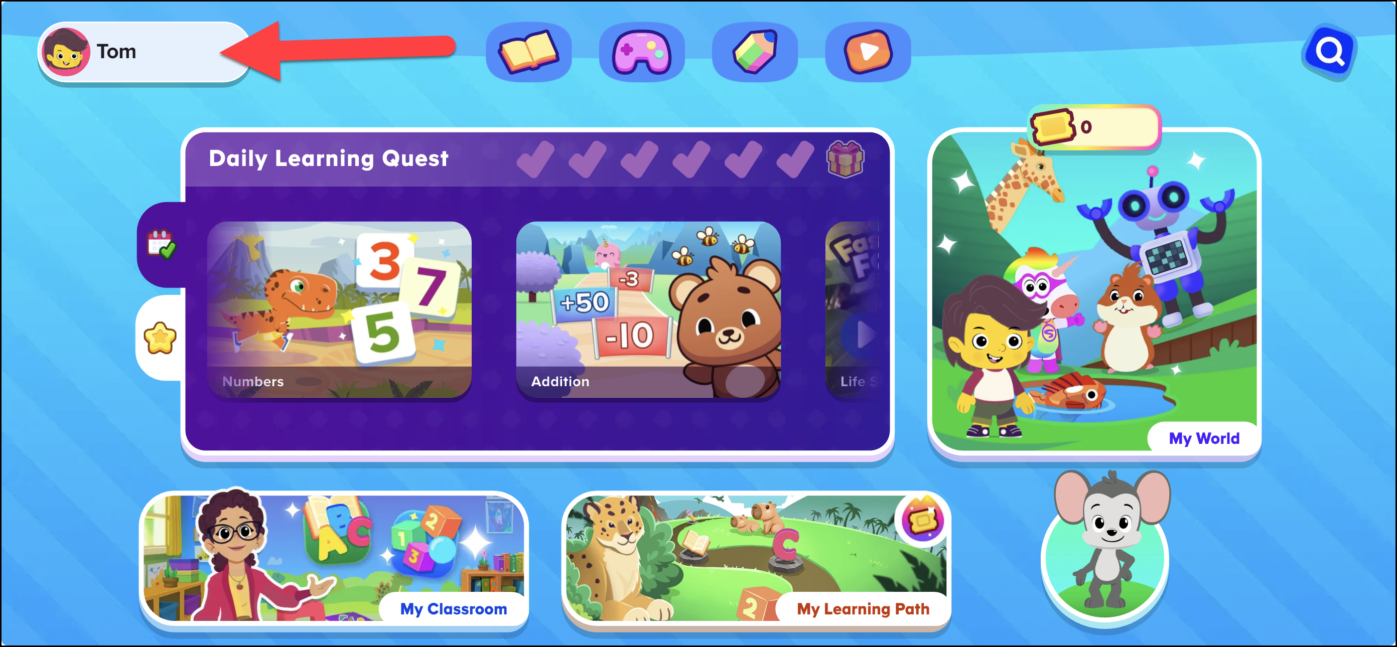 English (American) ABCmouse 2 v1.52.1 student homepage pointing to the profile button.png
