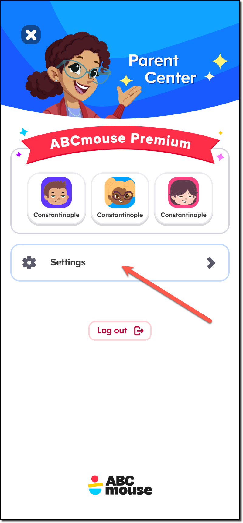 Parent Center home screen - app Premium - arrow to Settings.png