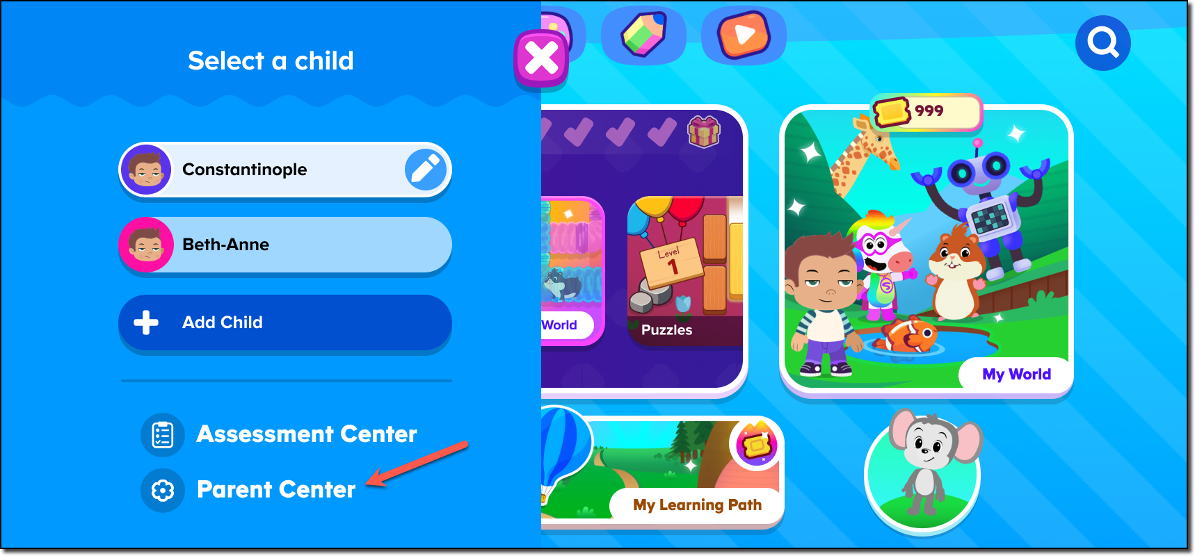 ABCmouse home screen - profile panel - Parent Center arrow.png