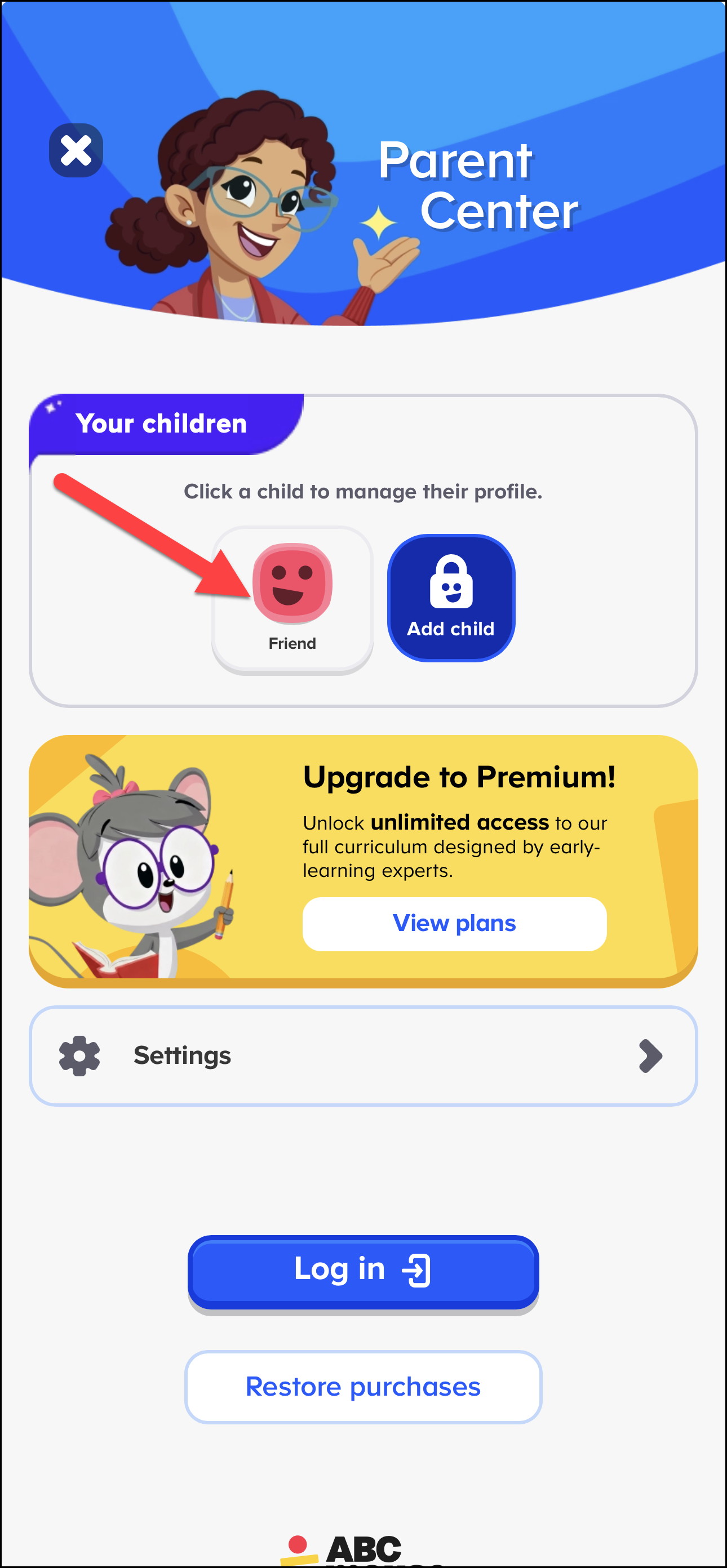 English (American) ABCmouse v1.68.0 Pointing to Friend Profile on the Setting page for Basic Users.png