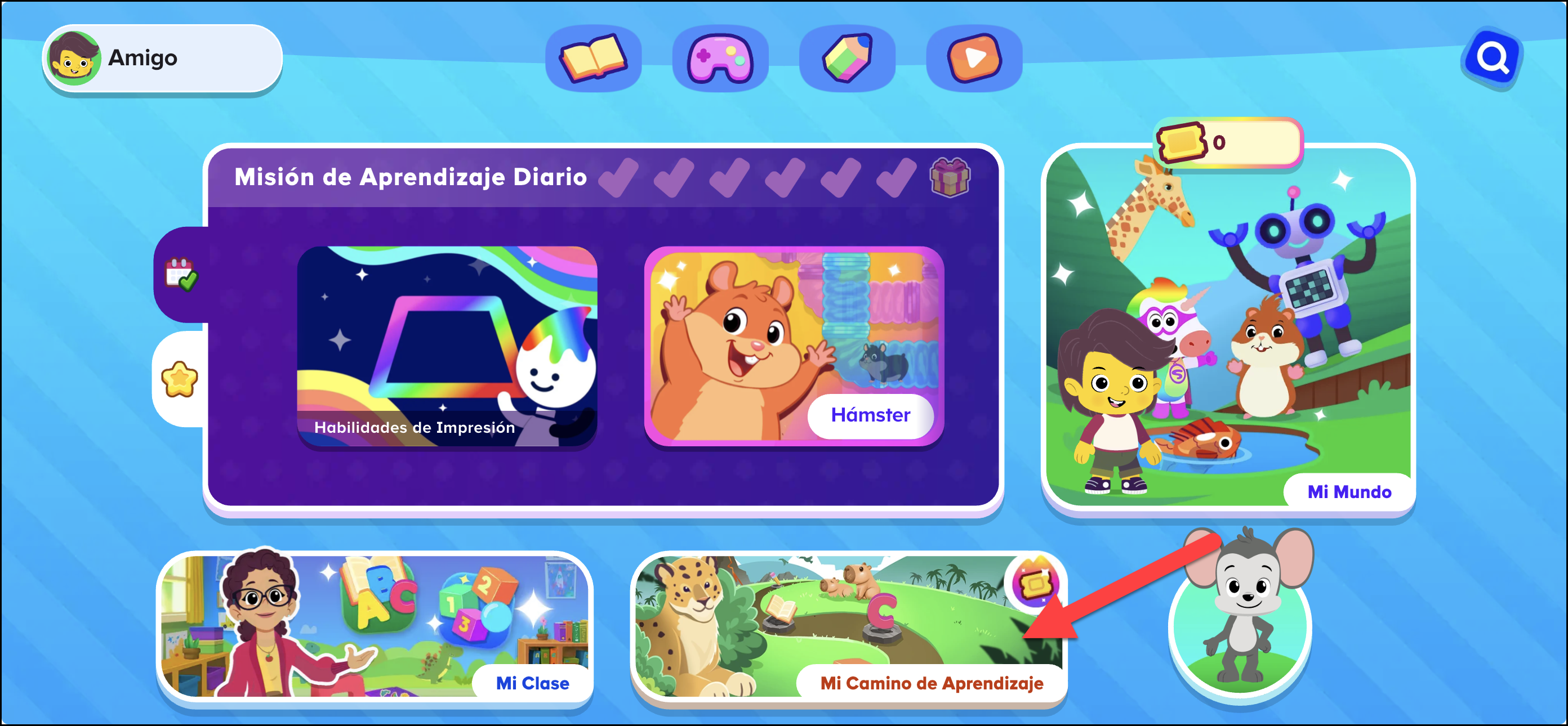 Espanol ABCmouse v1.63.0 pointing to the My Learning Path section on Student Homepage (Premium User).png