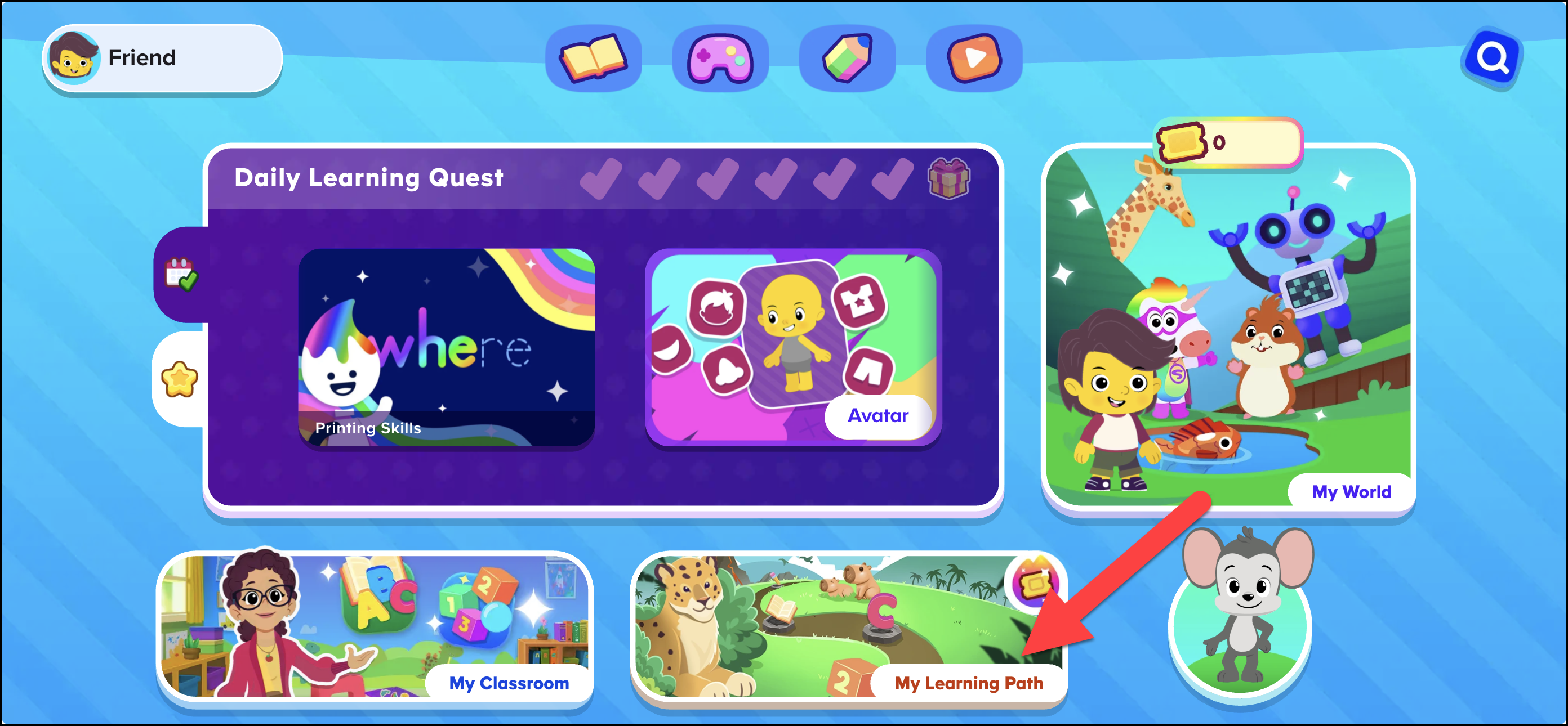 English (American) ABCmouse v1.68.0 pointing to the My Learning Path section on Student Homepage (Premium User).png