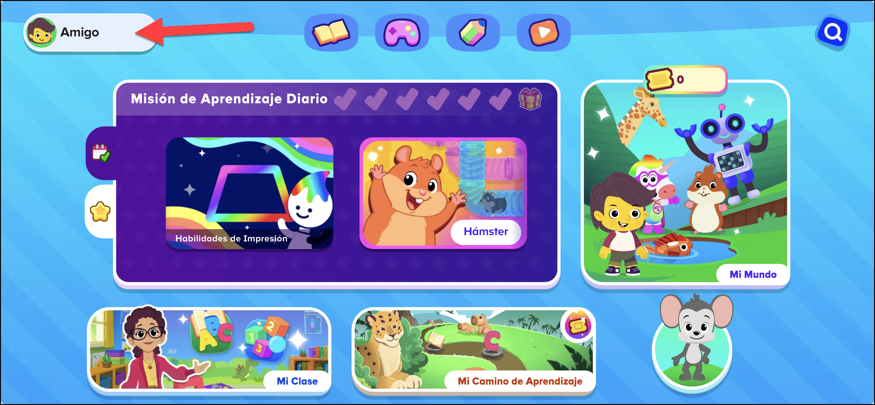 Espanol (Mexico) ABCmouse v1.68.0 student homepage pointing to the (Friend) profile button for premium user.png