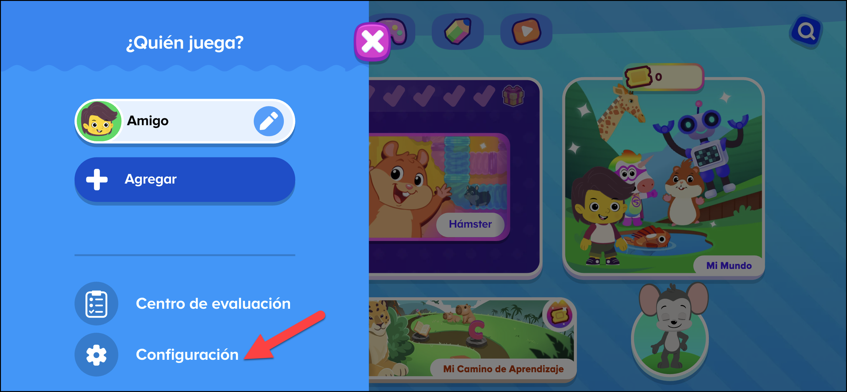 Espanol (Mexico) ABCmouse v1.68.0 pointing to the settings icon within the whos playing screen for premium users.png