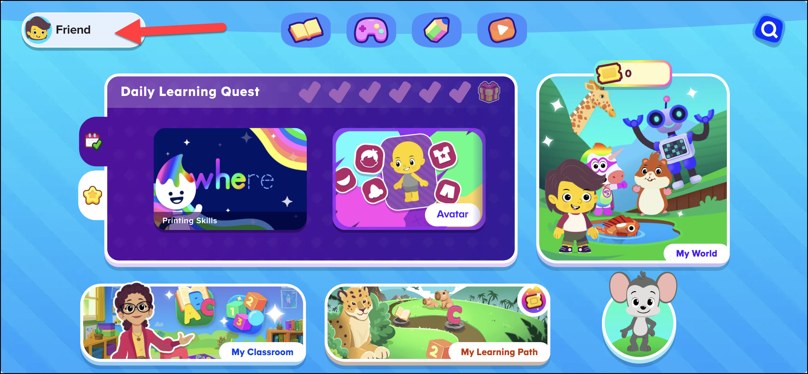 English (American) ABCmouse v1.68.0 student homepage pointing to the profile button.png