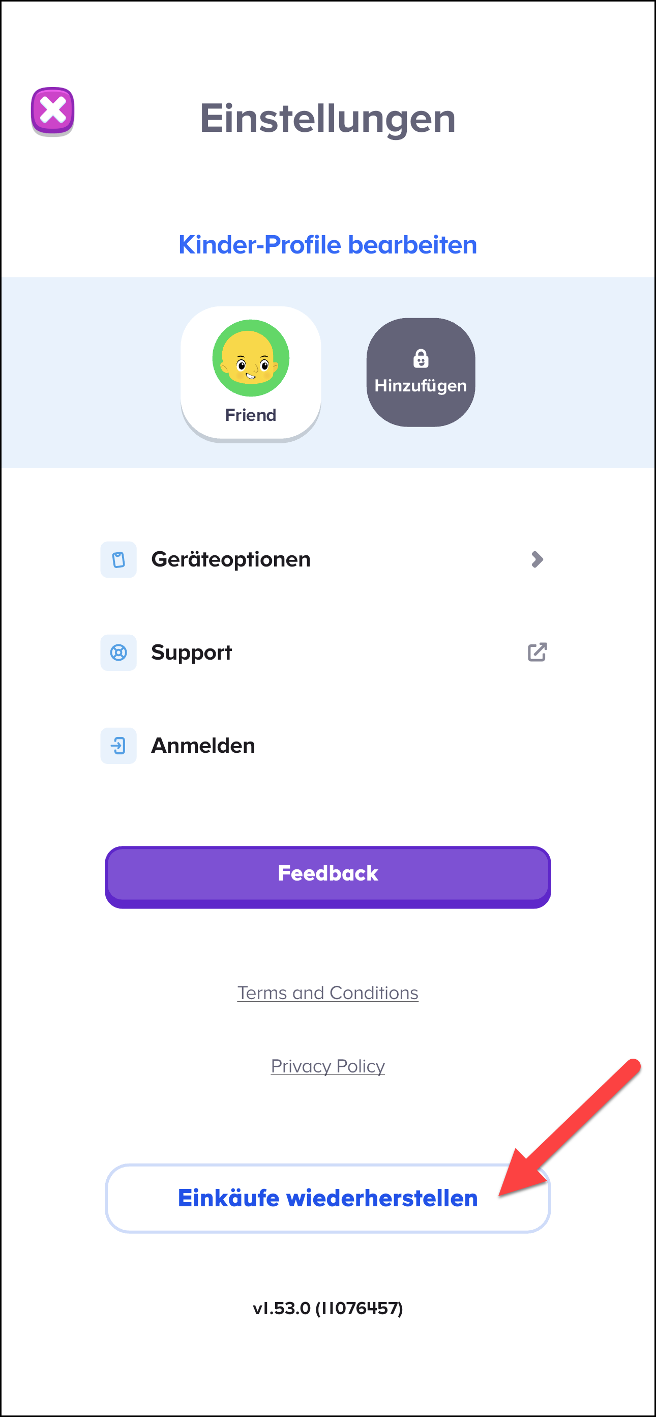 Deuthsch (German) ABCmouse 2 v1.53.0 Settings page pointing to the restore purchases.png