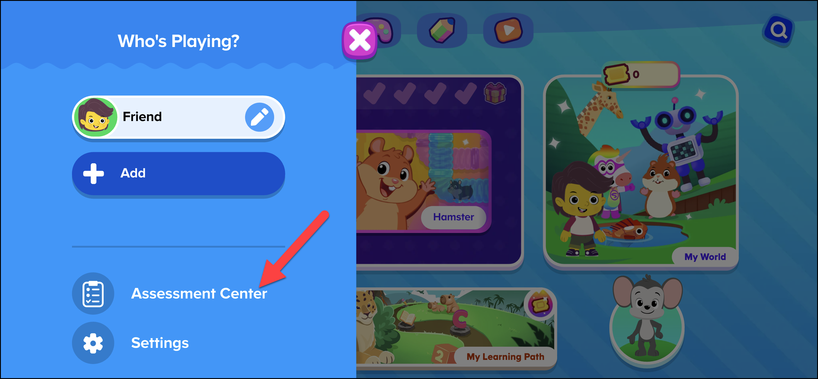English (American) ABCmouse v1.68.0 Pointing to Assessment Center on whos playing menu for premium user.png