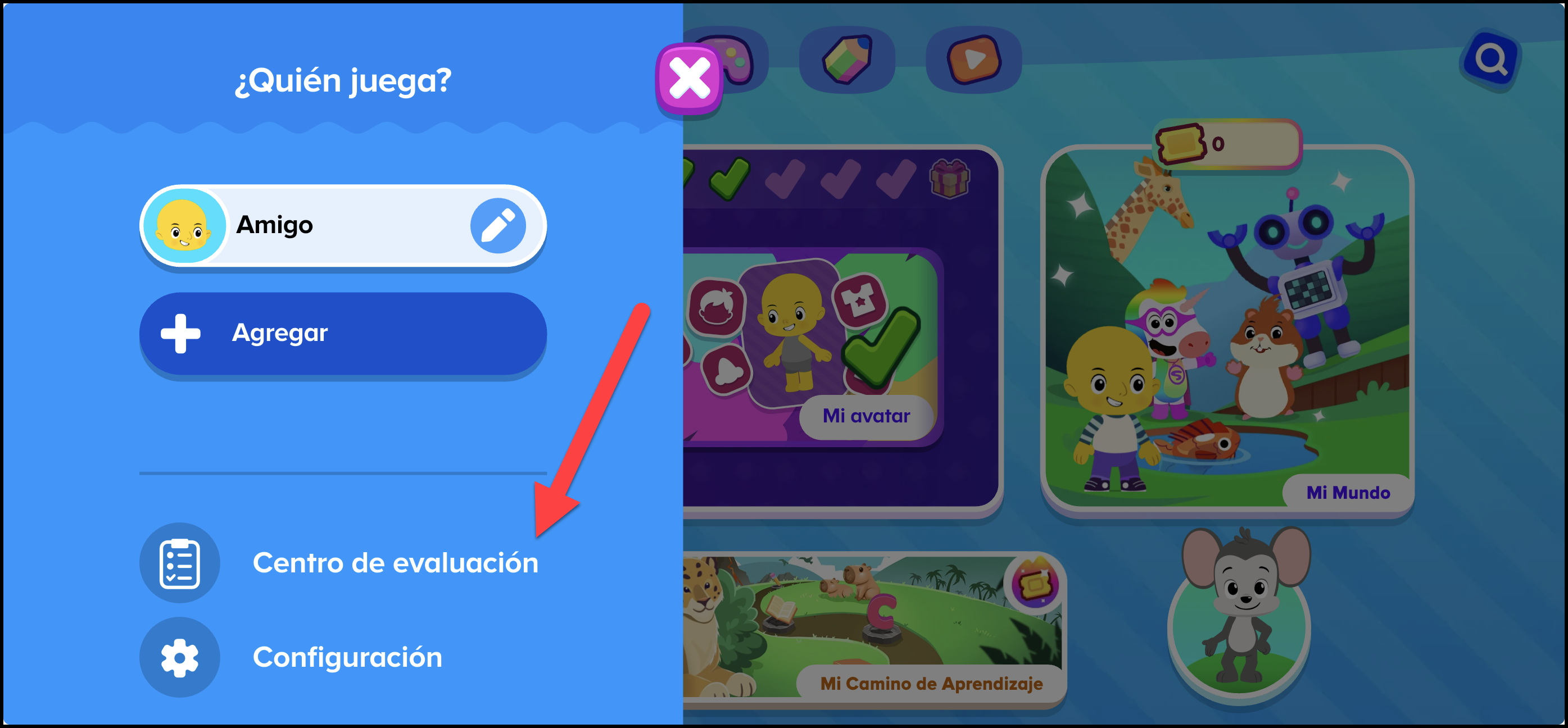 Espanol (Mexico) ABCmouse v1.63.0 pointing to the Assessment Center in the Whos playing area.png