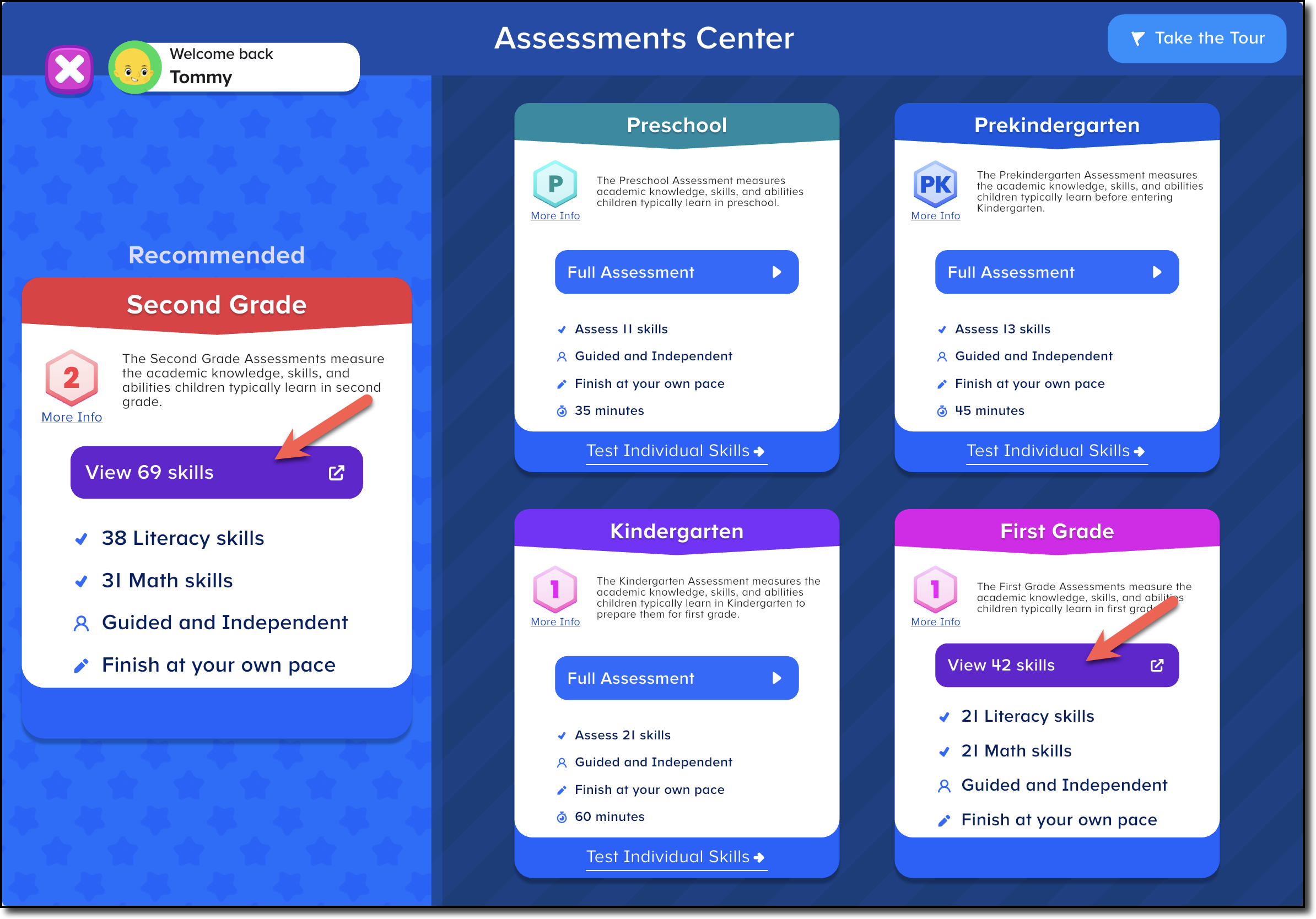 Assessment Center home screen - arrows to Individual Skill Assessments.png