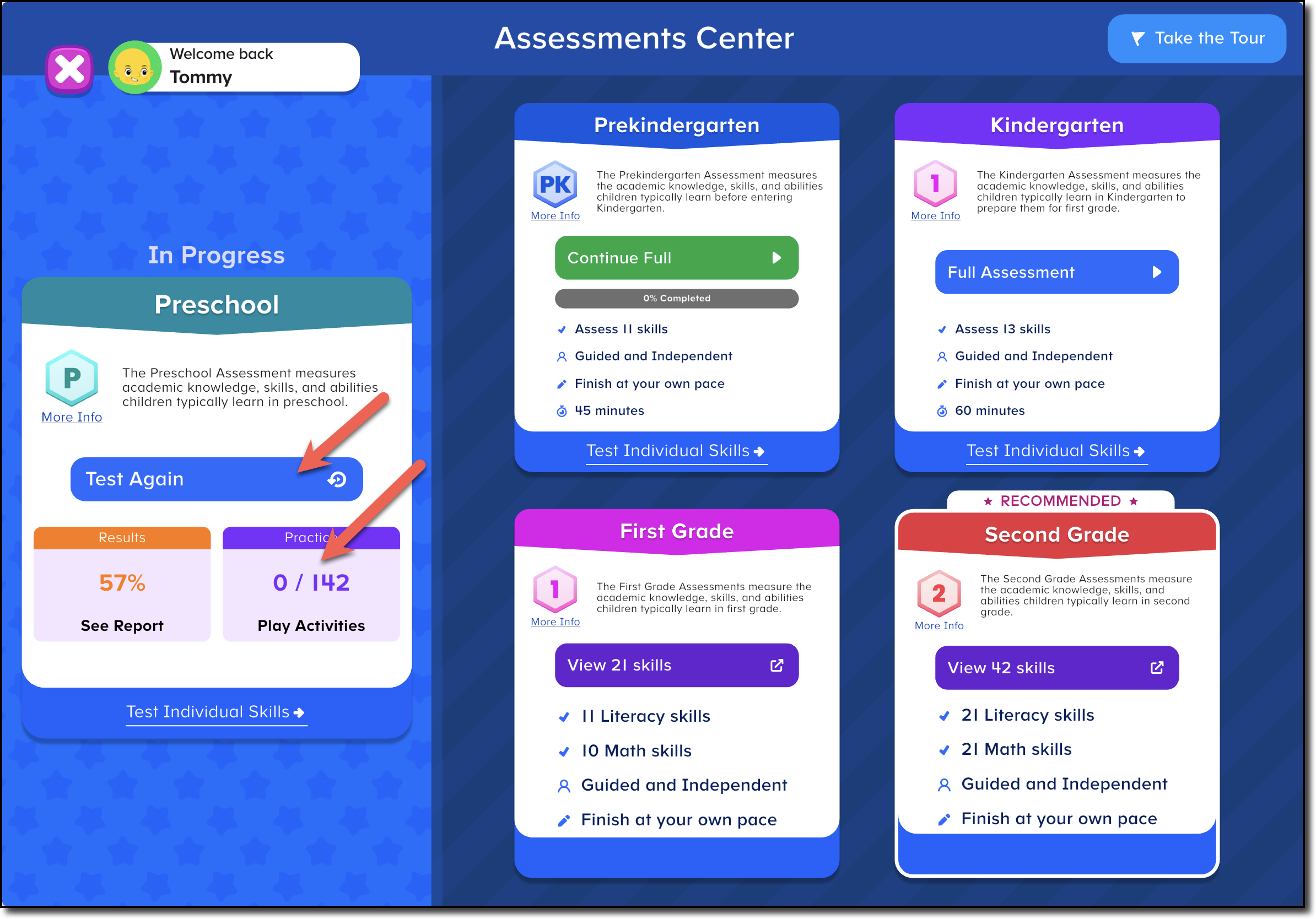 Assessment Center - Home screen Preschool Results Test again Play activiteis.png
